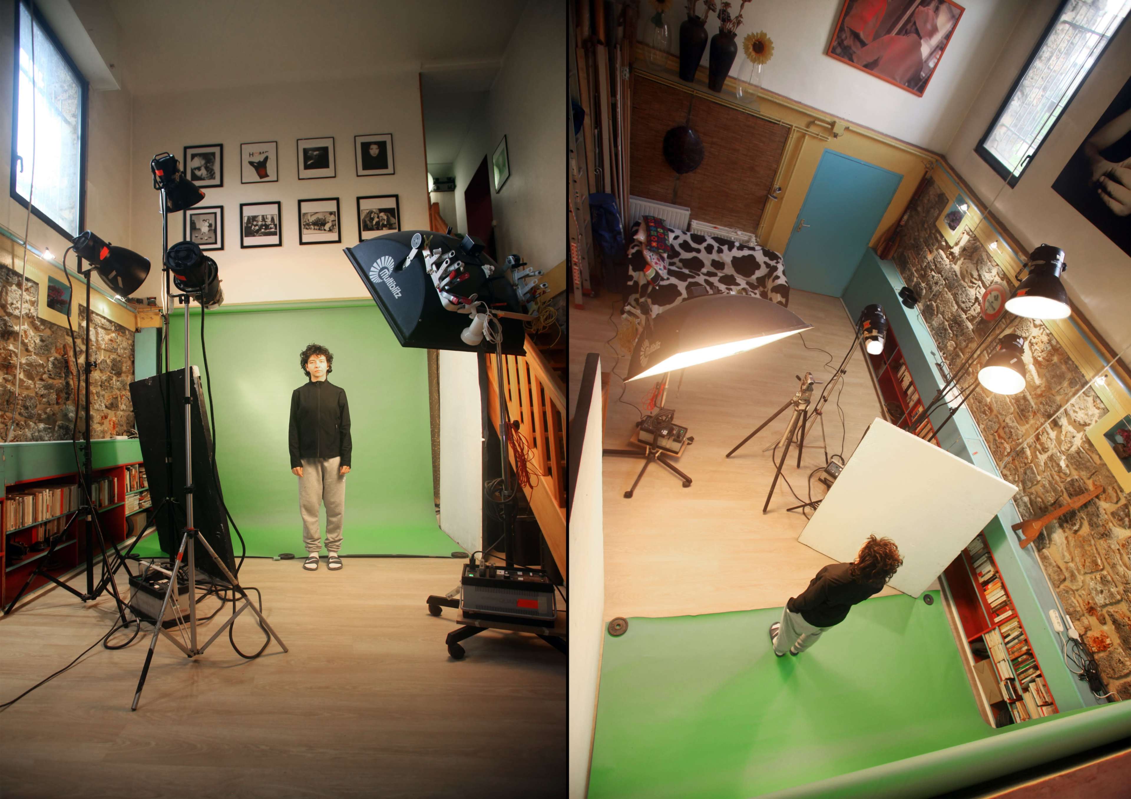 The image shows a photo studio featuring a green screen backdrop, studio lighting, and a person standing on a green floor.