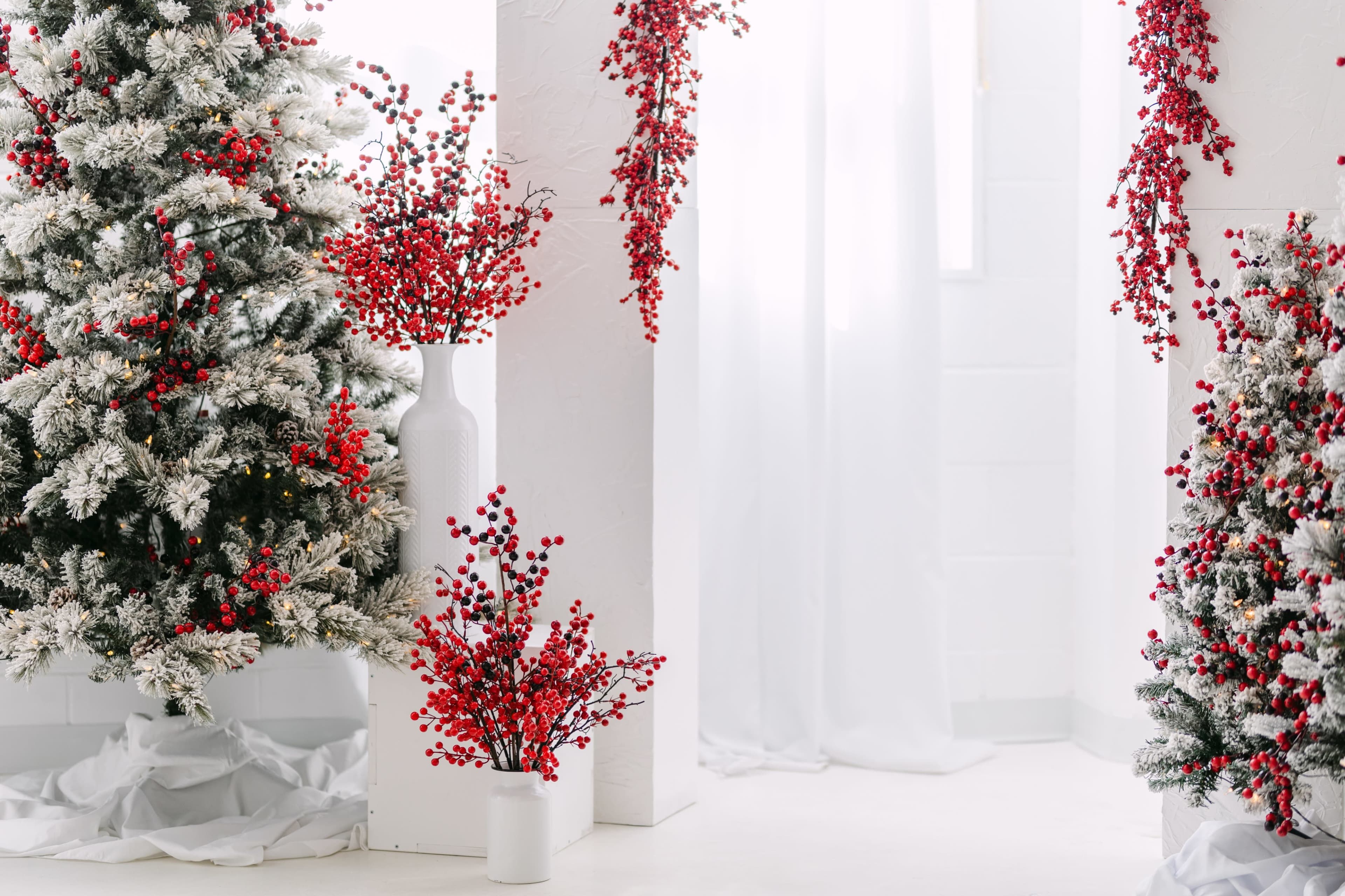 The image features a decorated Christmas scene with a frosted tree and arrangements of red berries in vases, set against a bright, white background.