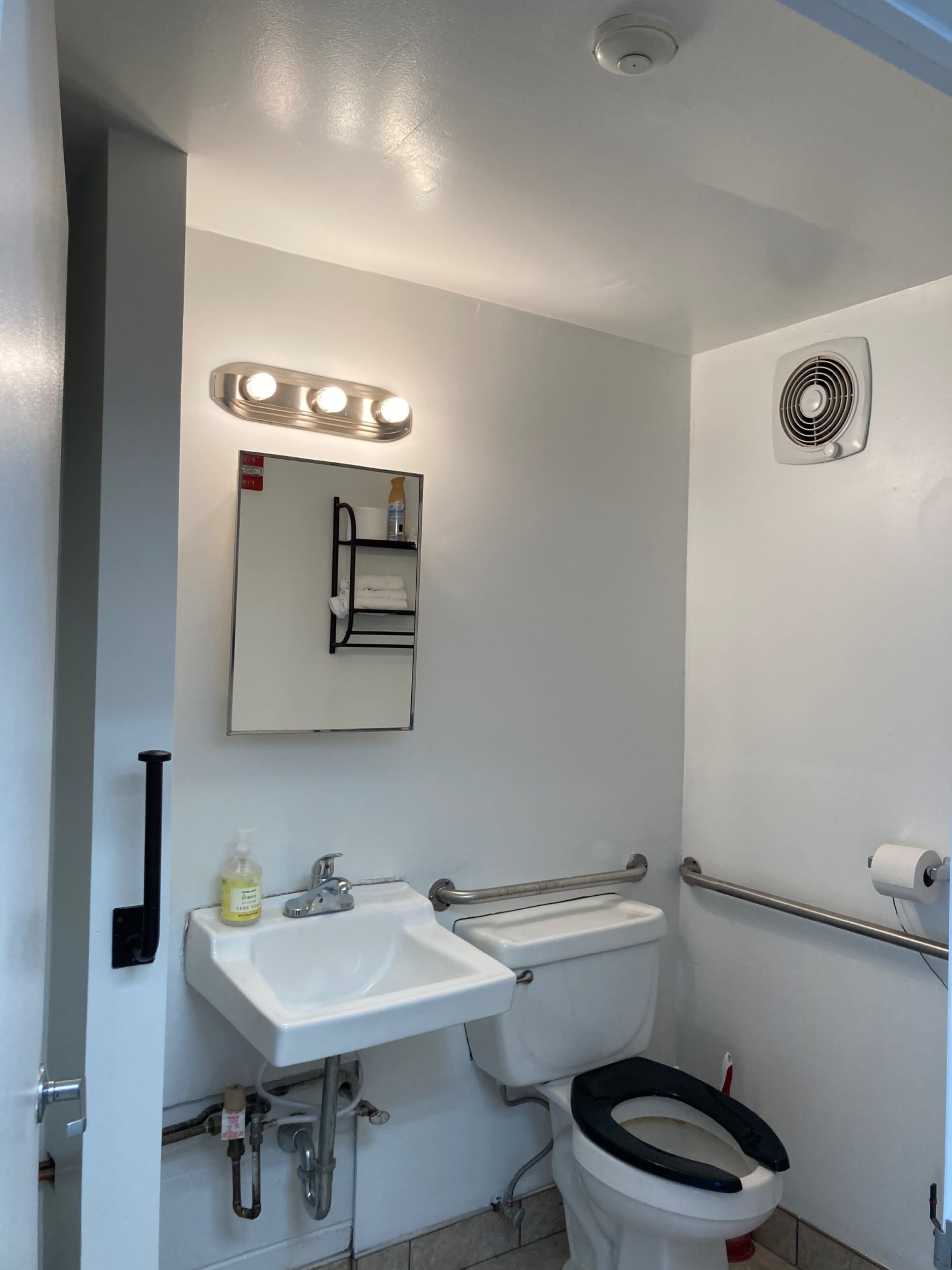 A small bathroom with a toilet, a sink, a light fixture above a mirror, and a grab bar installed near the toilet.