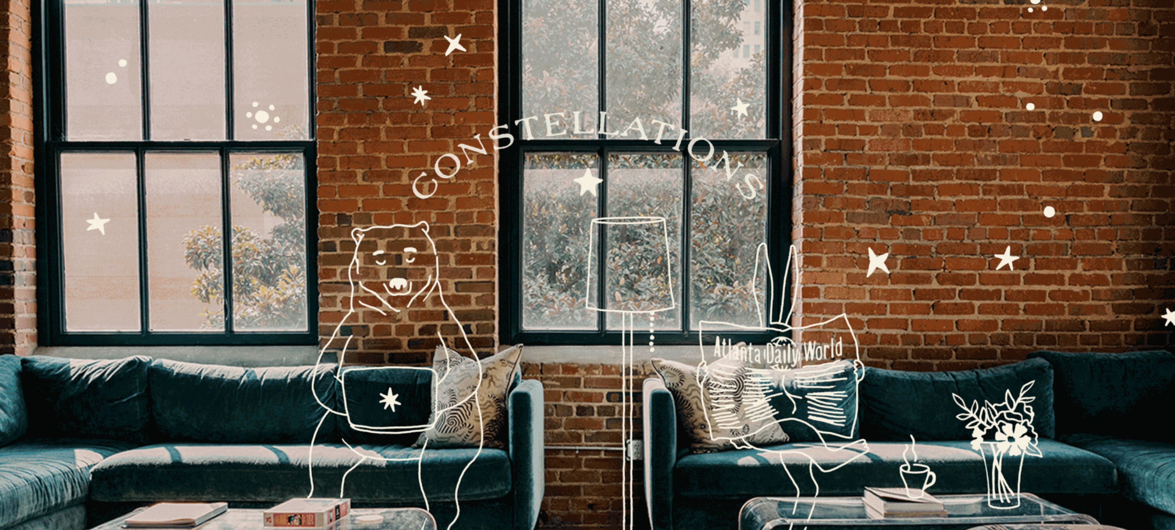 A cozy, brick-walled living room with two plush couches, a lamp, and whimsical illustrations of a bear and a rabbit.