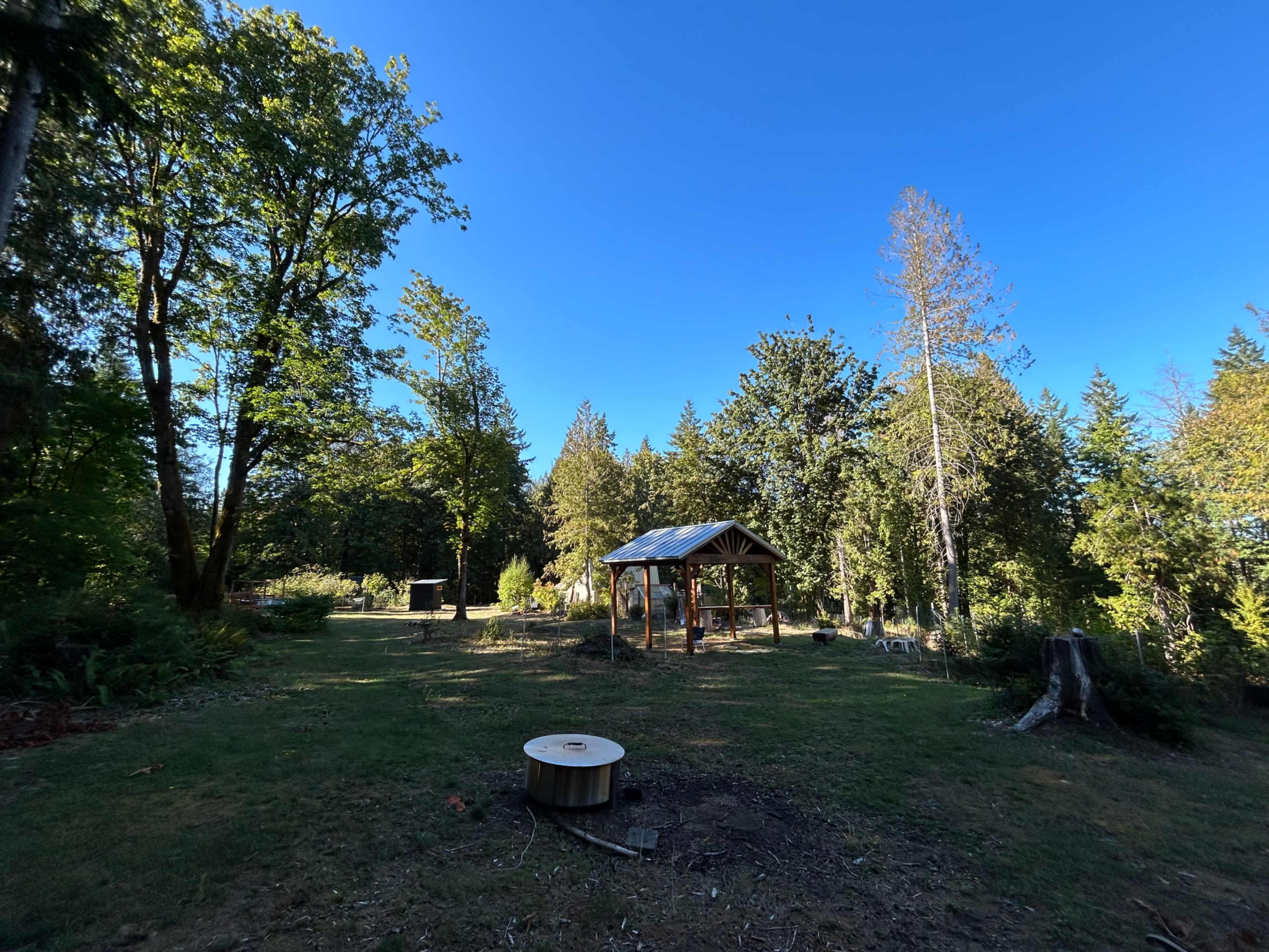 The image shows a clear blue sky over a grassy area featuring a wooden shelter, surrounded by trees and foliage.