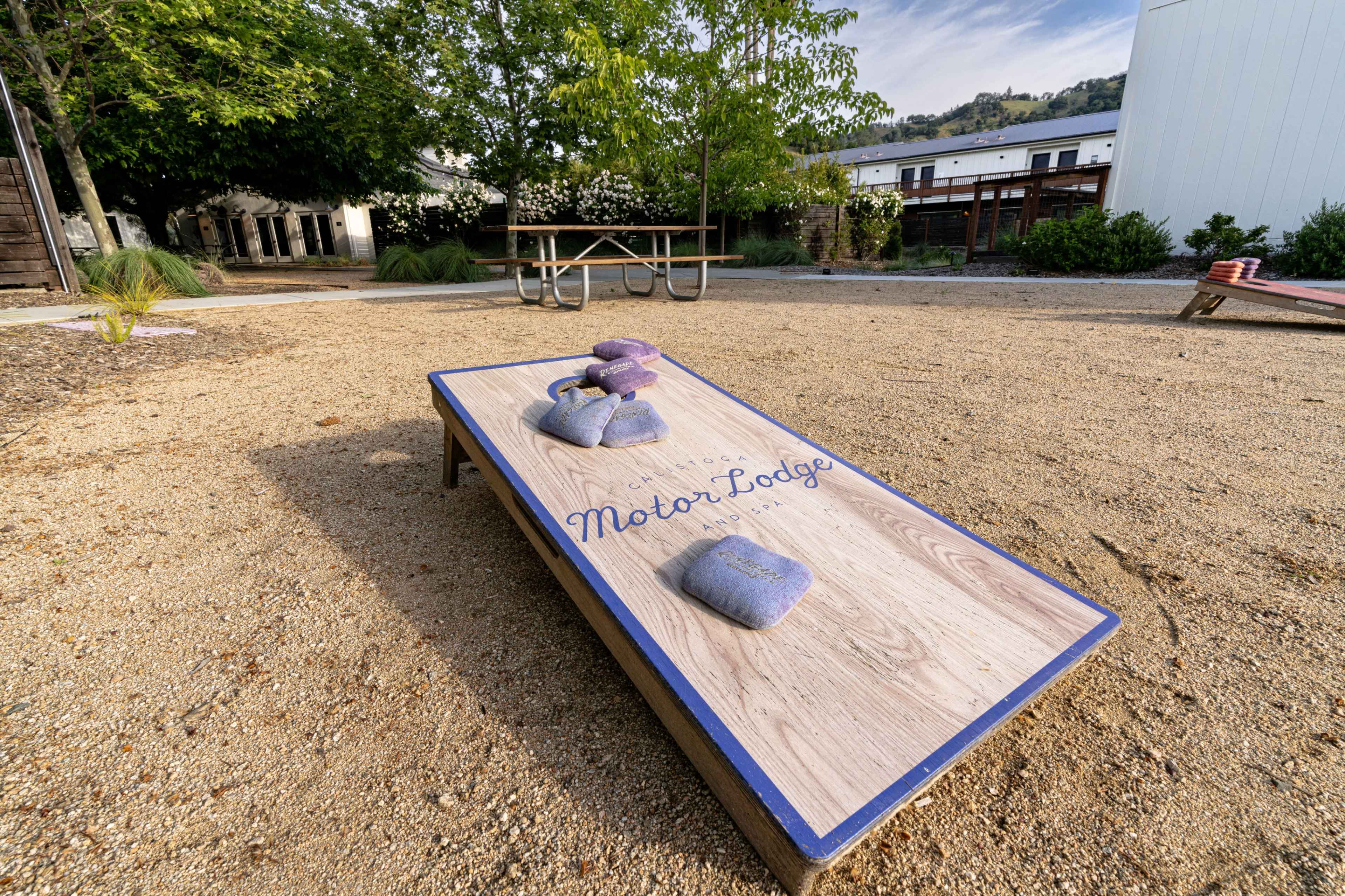 A wooden cornhole board with purple bean bags sits on gravel near a picnic table and trees.