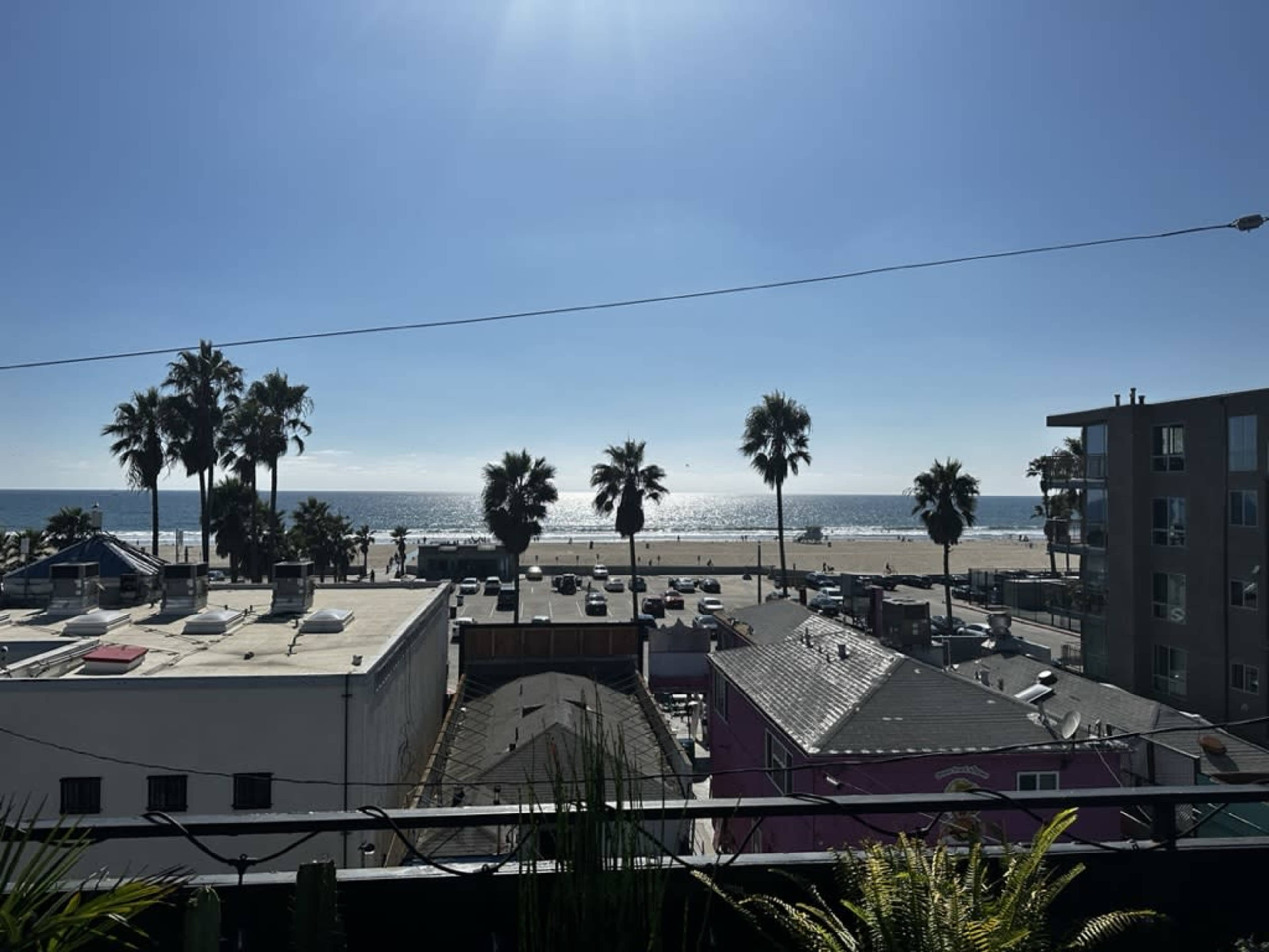 A view of a beach with palm trees, buildings, and a clear blue sky above the ocean.