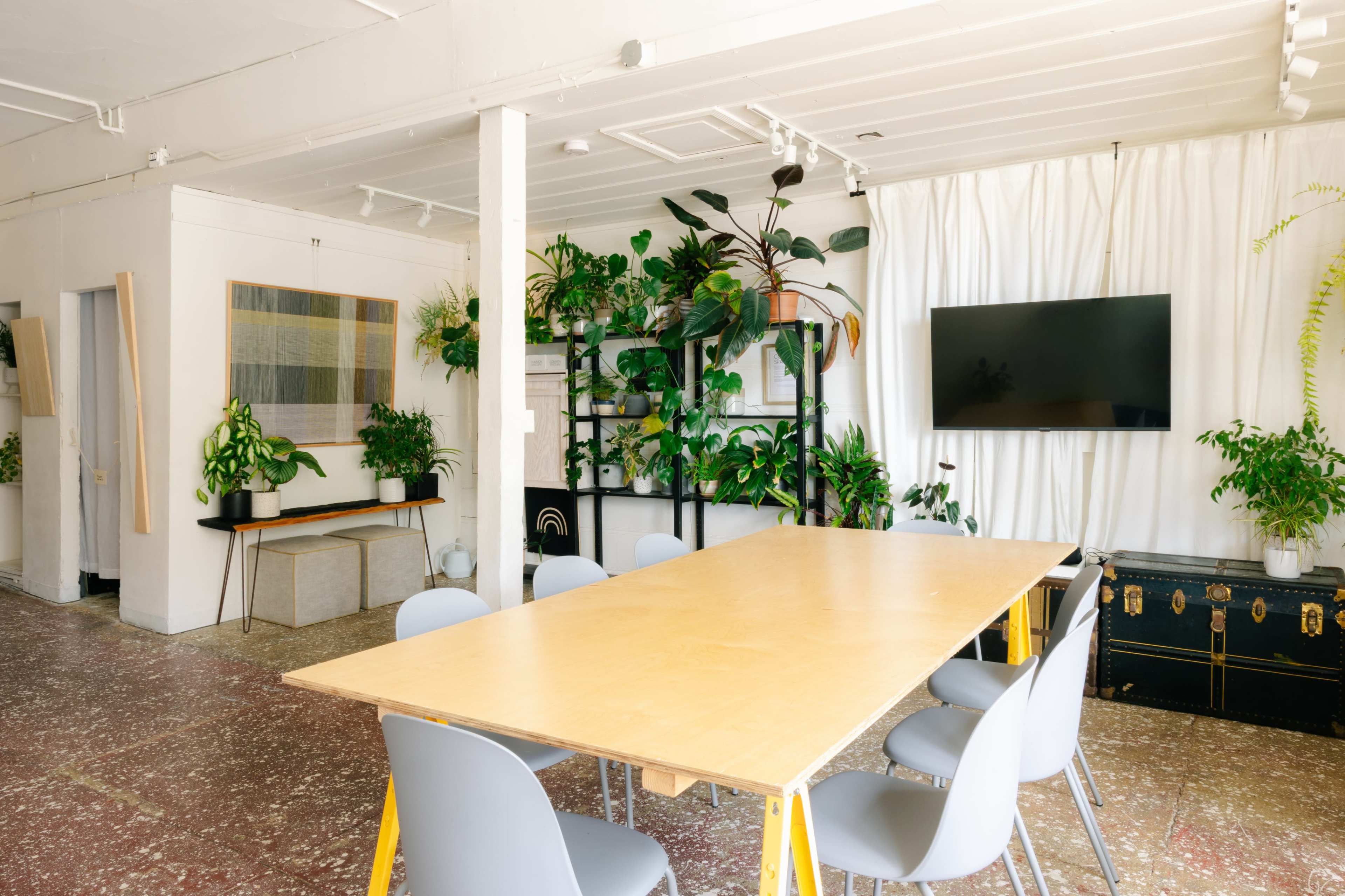 A spacious meeting room features a long wooden table surrounded by gray chairs, with shelves of various plants and a television mounted on a wall.