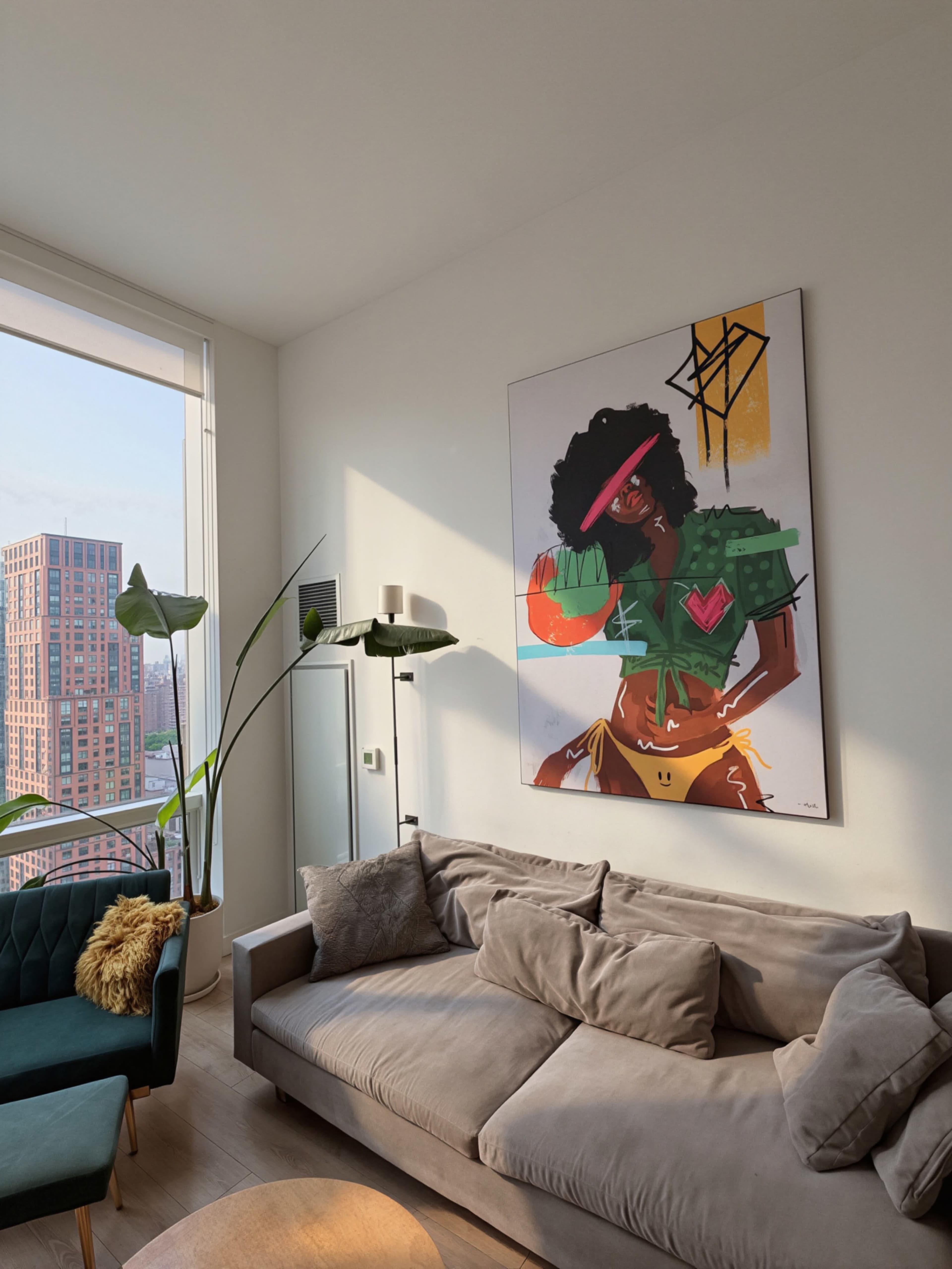 A modern living room features a large colorful artwork on the wall and a gray sofa with decorative cushions, alongside a tall plant and a lamp.