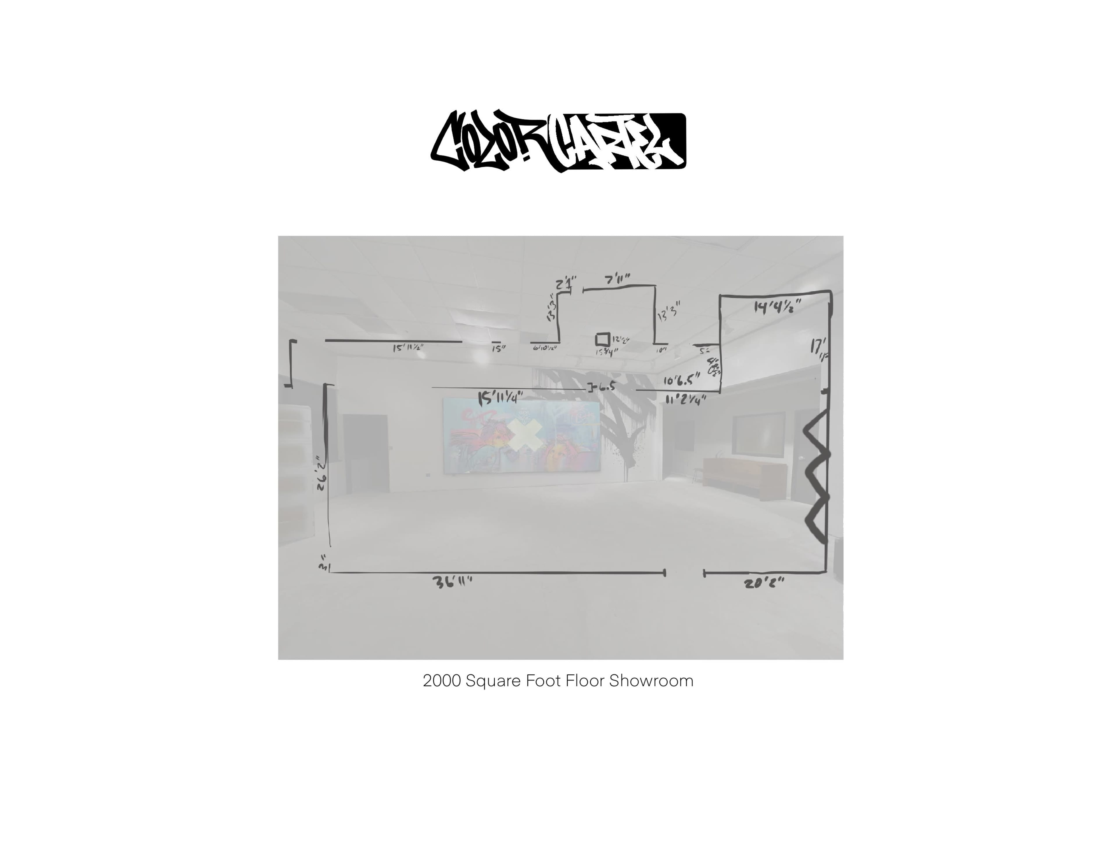 A floor plan layout of a 2000 square foot showroom with marked dimensions and a colorful mural in the background.