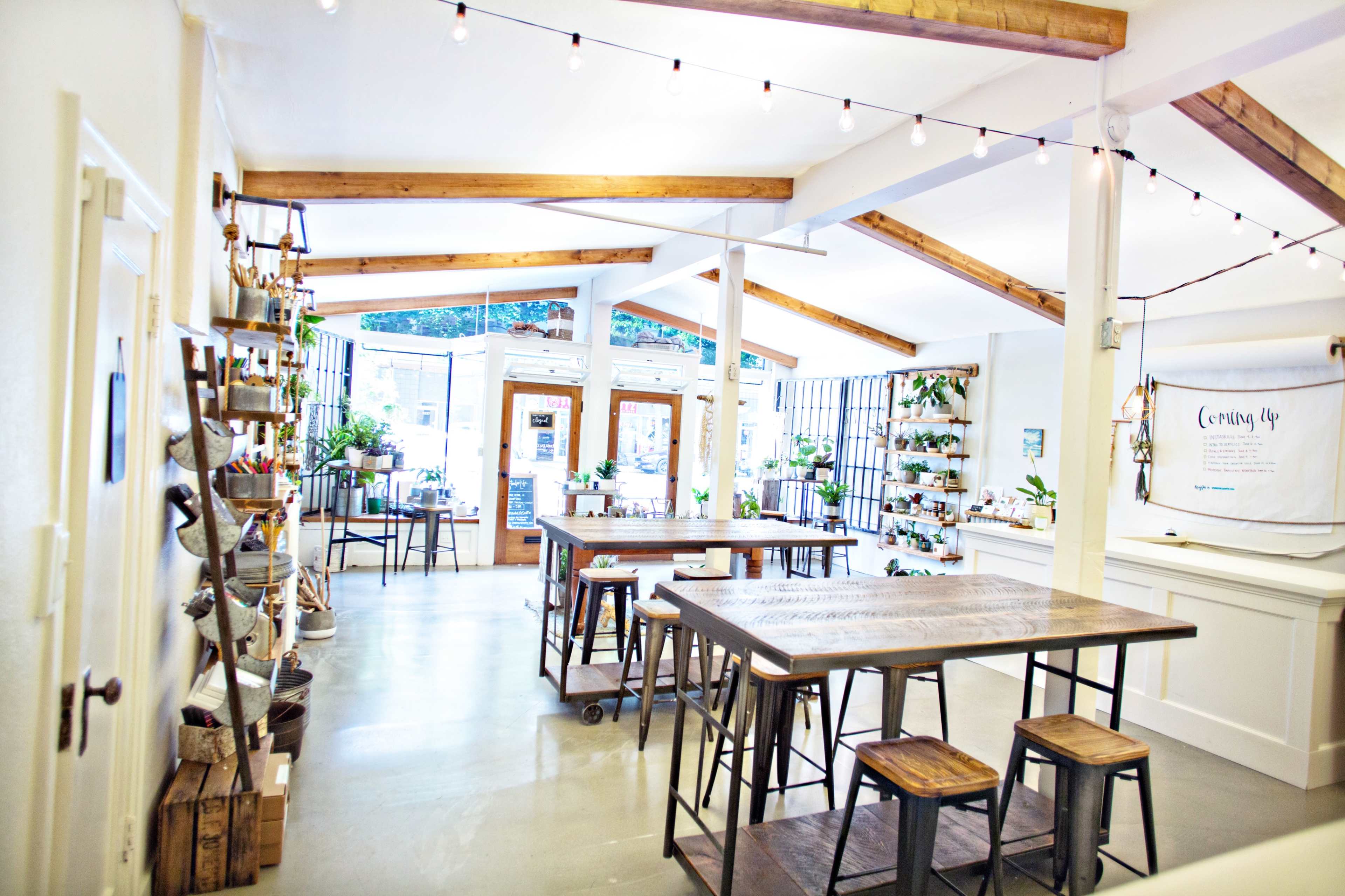 A spacious, well-lit interior of a shop or café with wooden beams, large windows, and various tables surrounded by plants and decorative items.