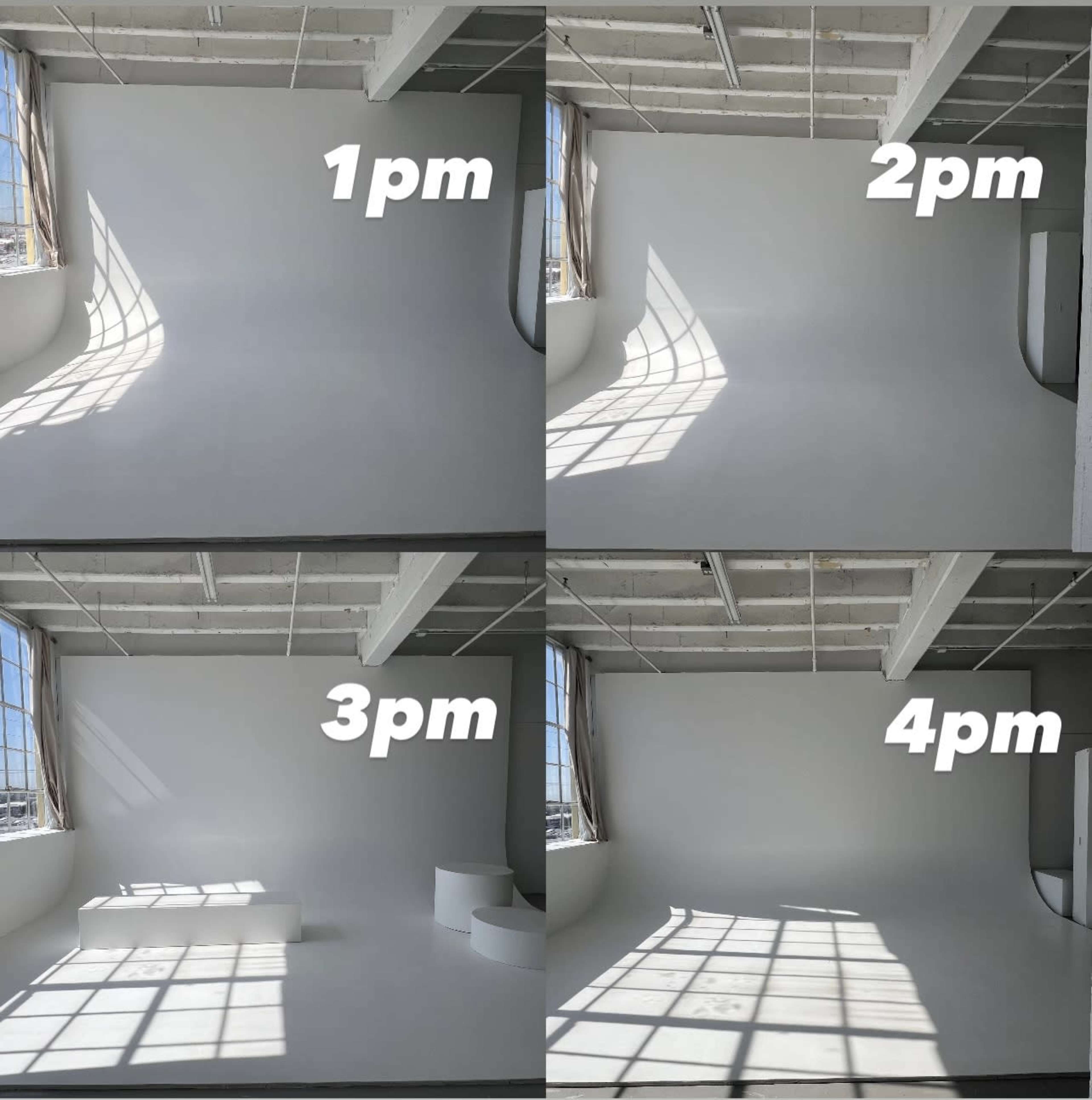 The images show a studio space with a white backdrop, capturing the changing natural light and shadows at 1 PM, 2 PM, 3 PM, and 4 PM.