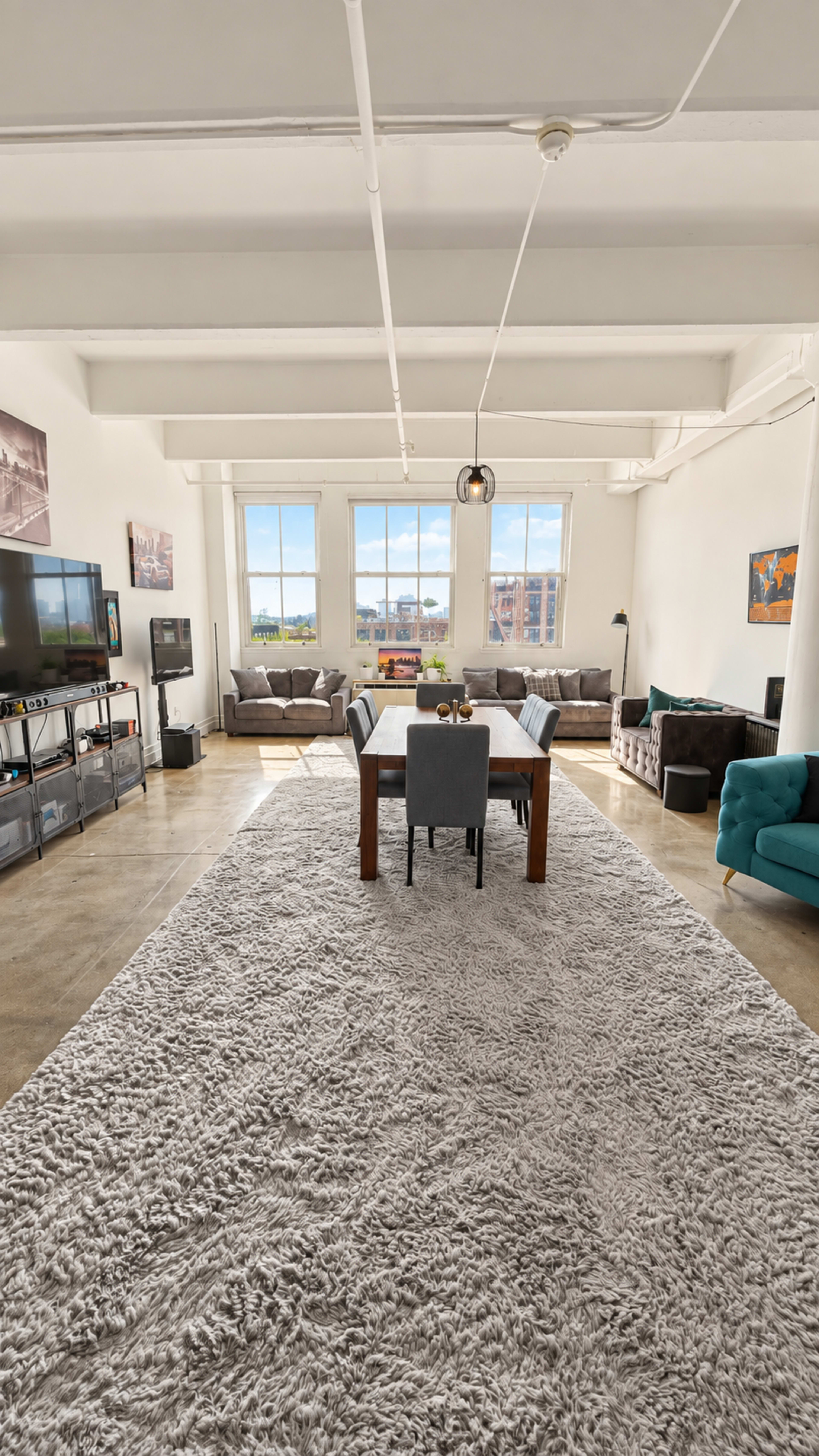 The image shows a spacious, well-lit industrial-style living area featuring a dining table, plush seating, and large windows with a view.
