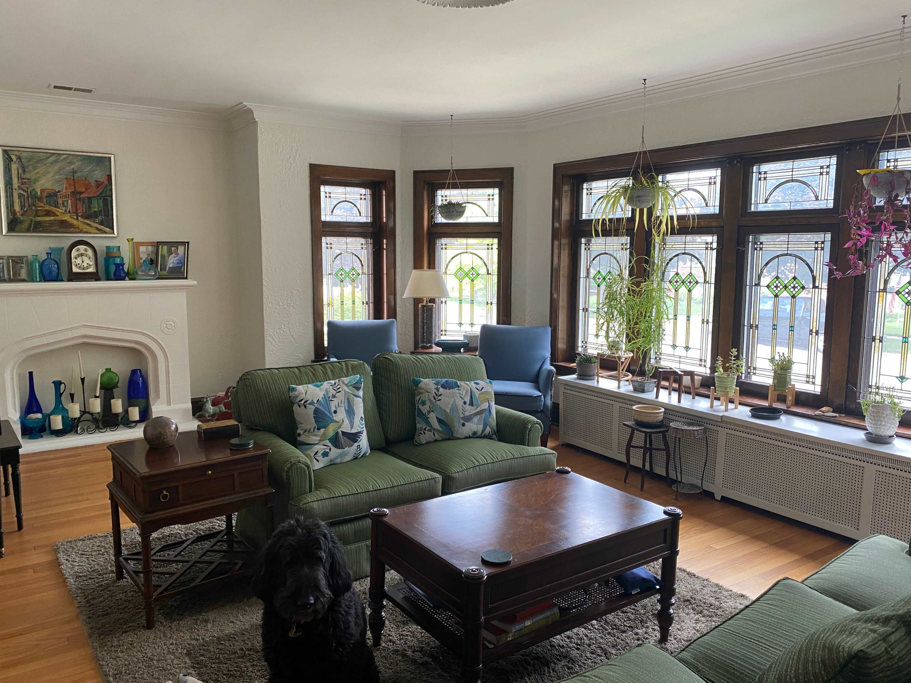 A living room with green sofas, a wooden coffee table, and large windows featuring stained glass, surrounded by indoor plants.