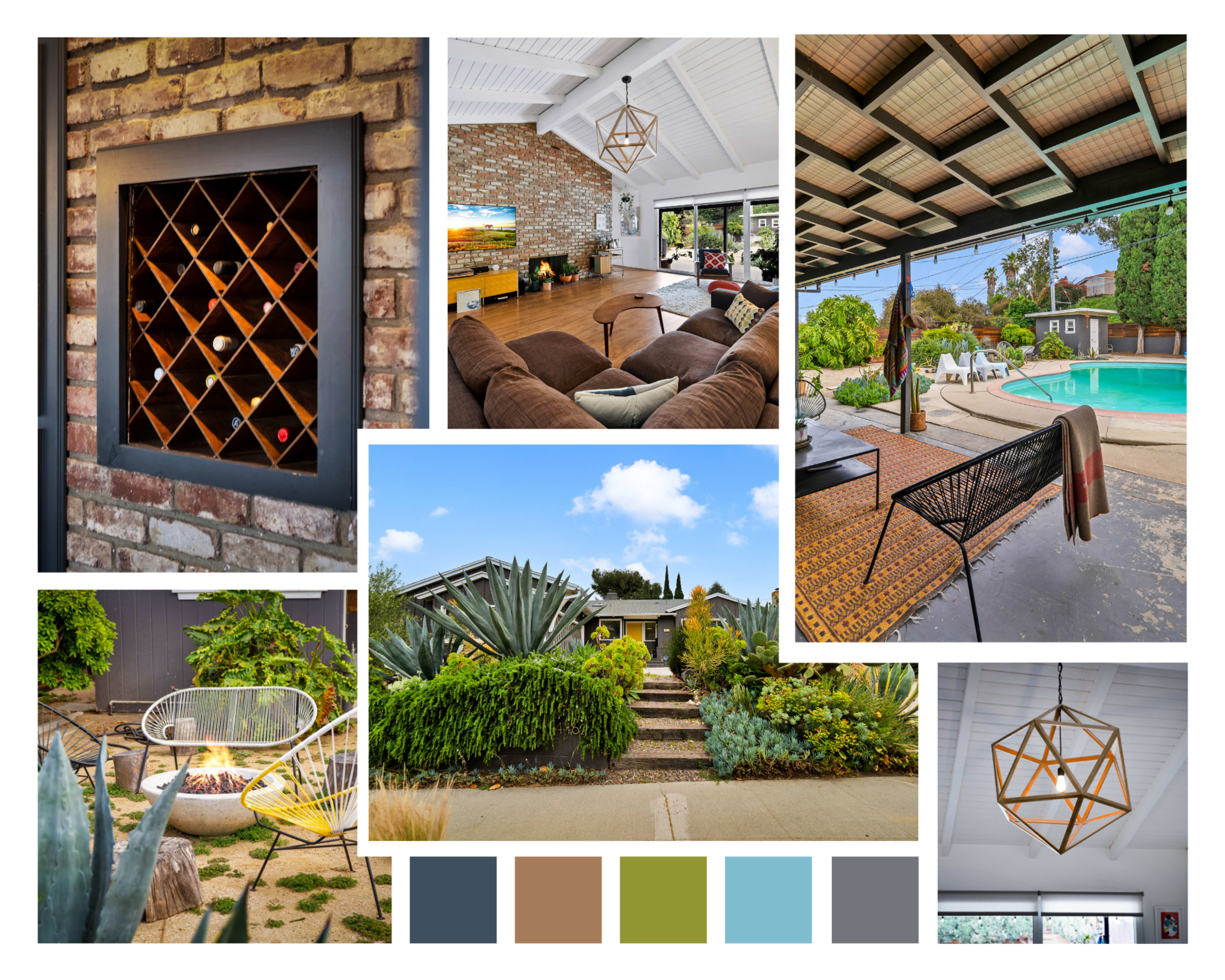 The image features a collage of various elements from a modern home, including a wine rack, a cozy living room, an outdoor pool area, landscaped gardens, and decorative light fixtures.