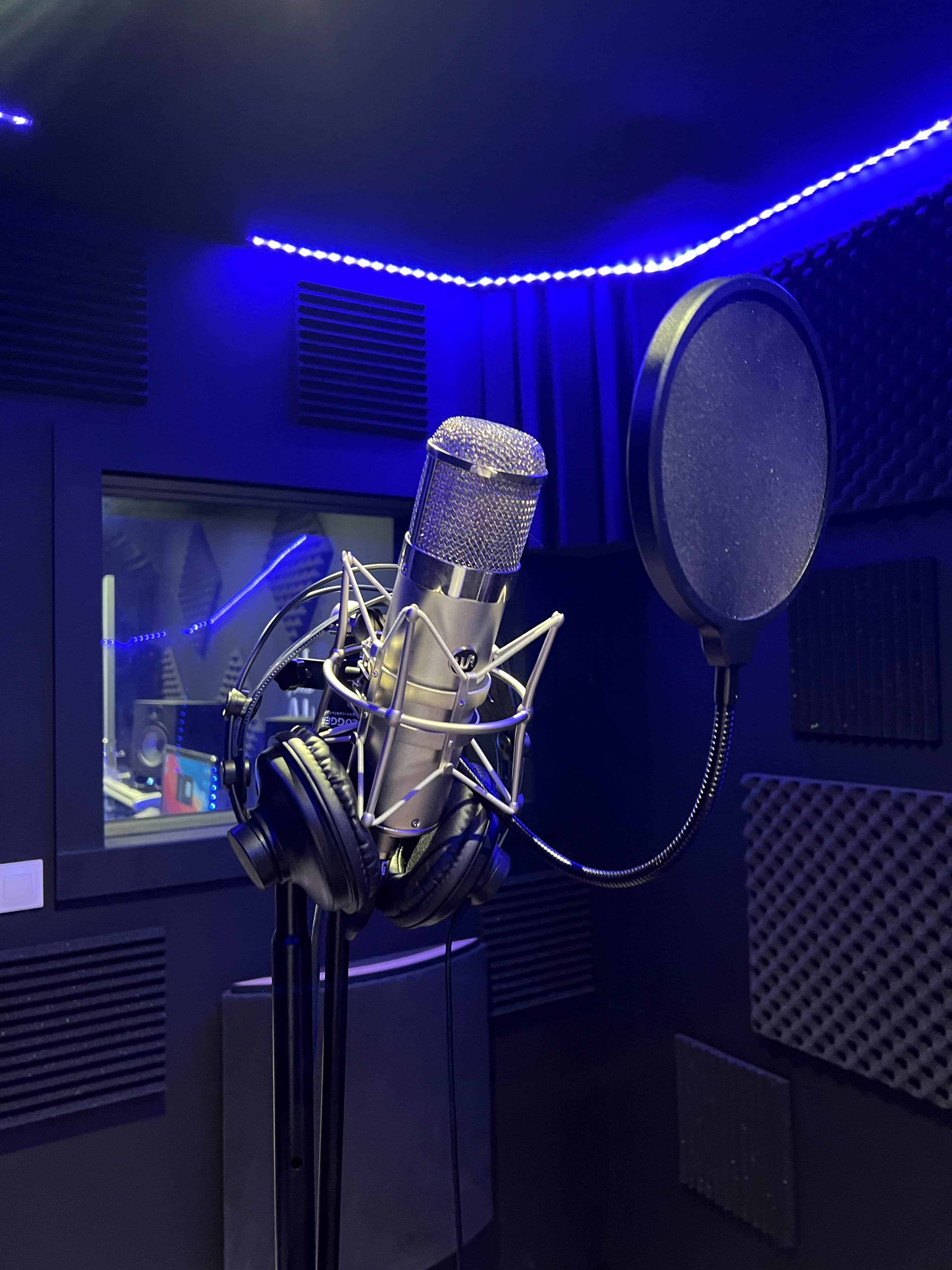 A professional microphone is mounted on a stand in a sound studio, surrounded by acoustic panels and LED lights.