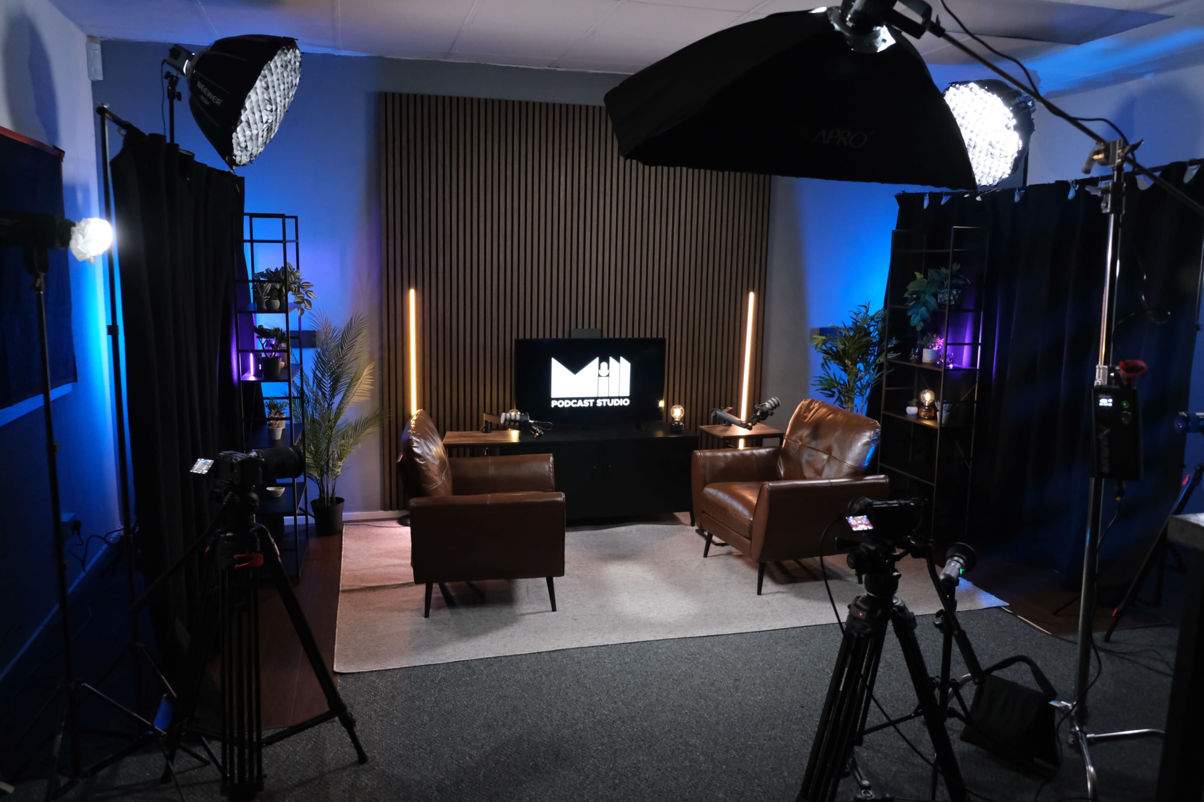 A podcast studio is set up with two leather chairs facing a television screen, surrounded by various lighting equipment and plants.