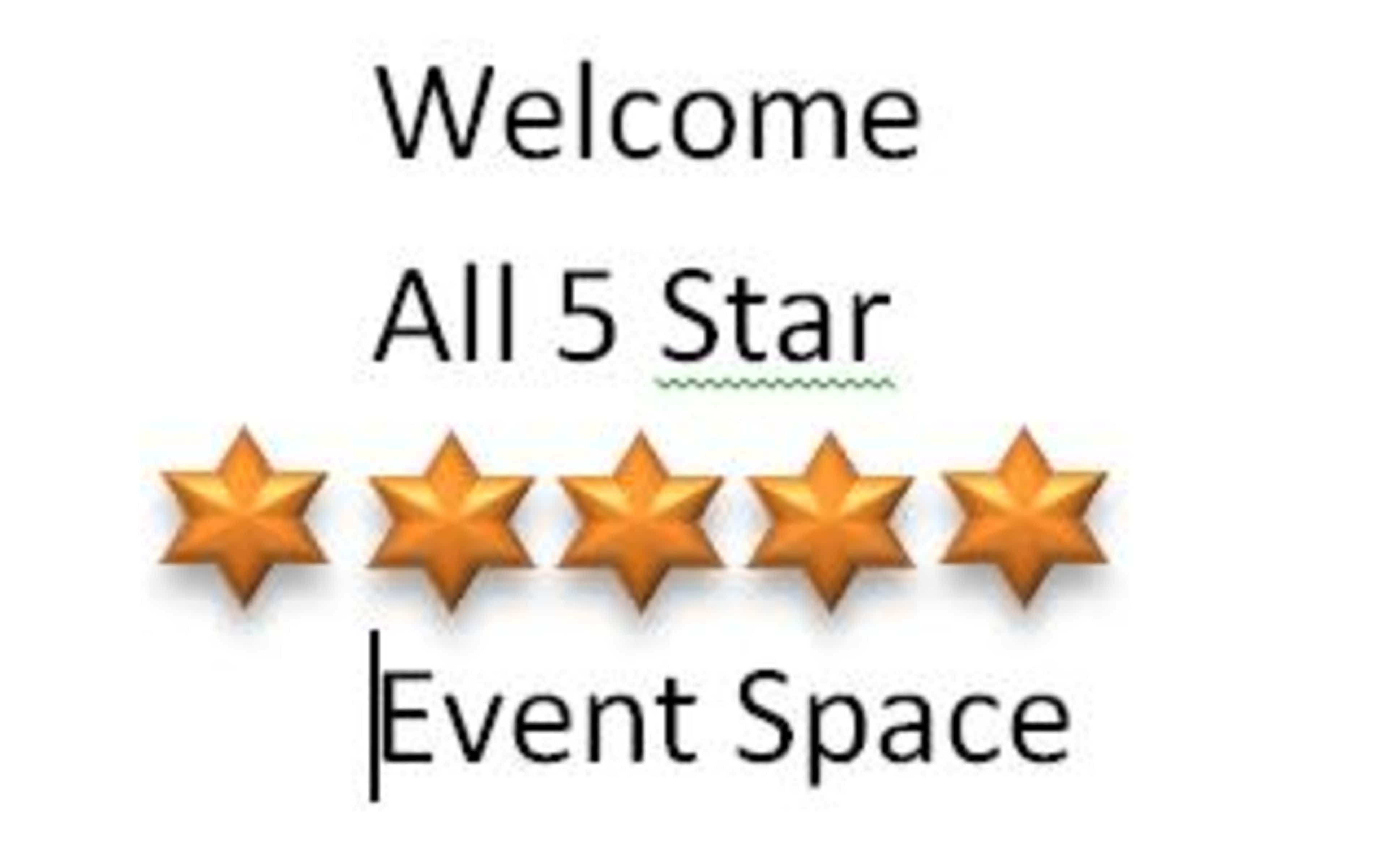 A text welcoming visitors to an event space, featuring five orange star icons to indicate five-star ratings.