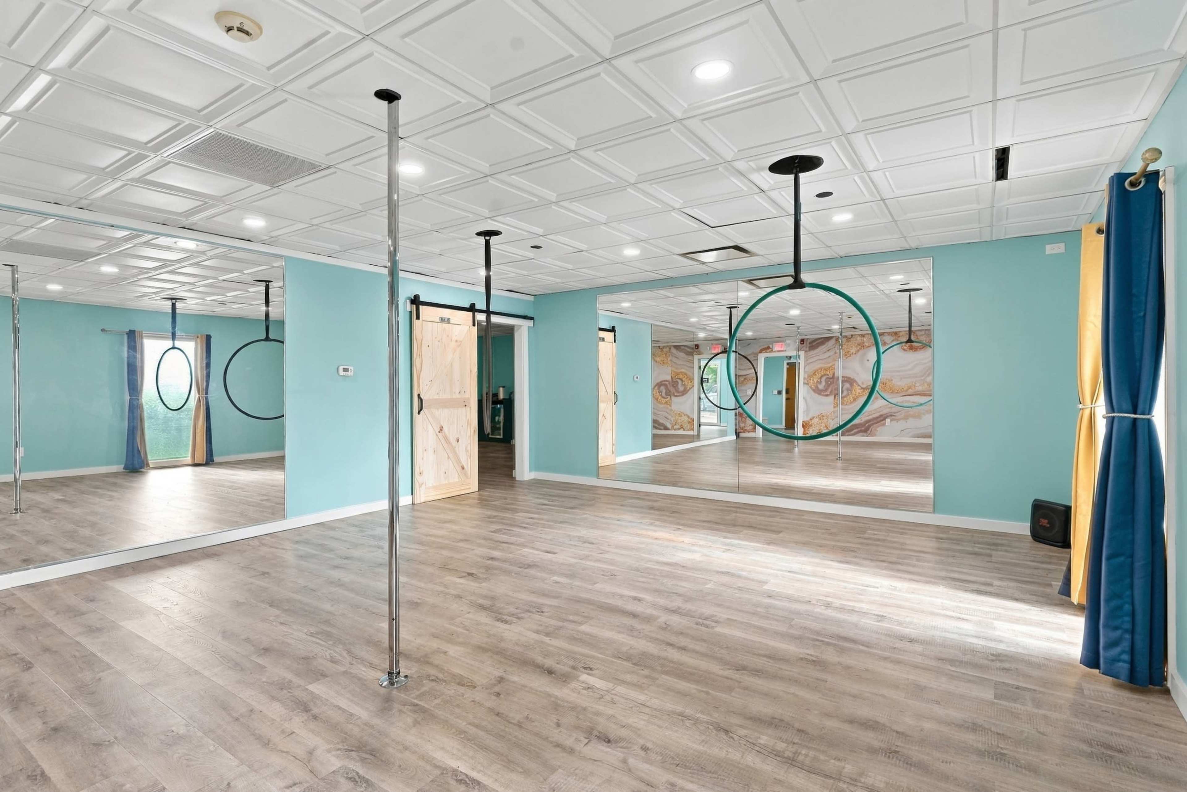 The image shows a spacious dance studio with mirrored walls, wooden flooring, and a circular apparatus hanging from the ceiling.