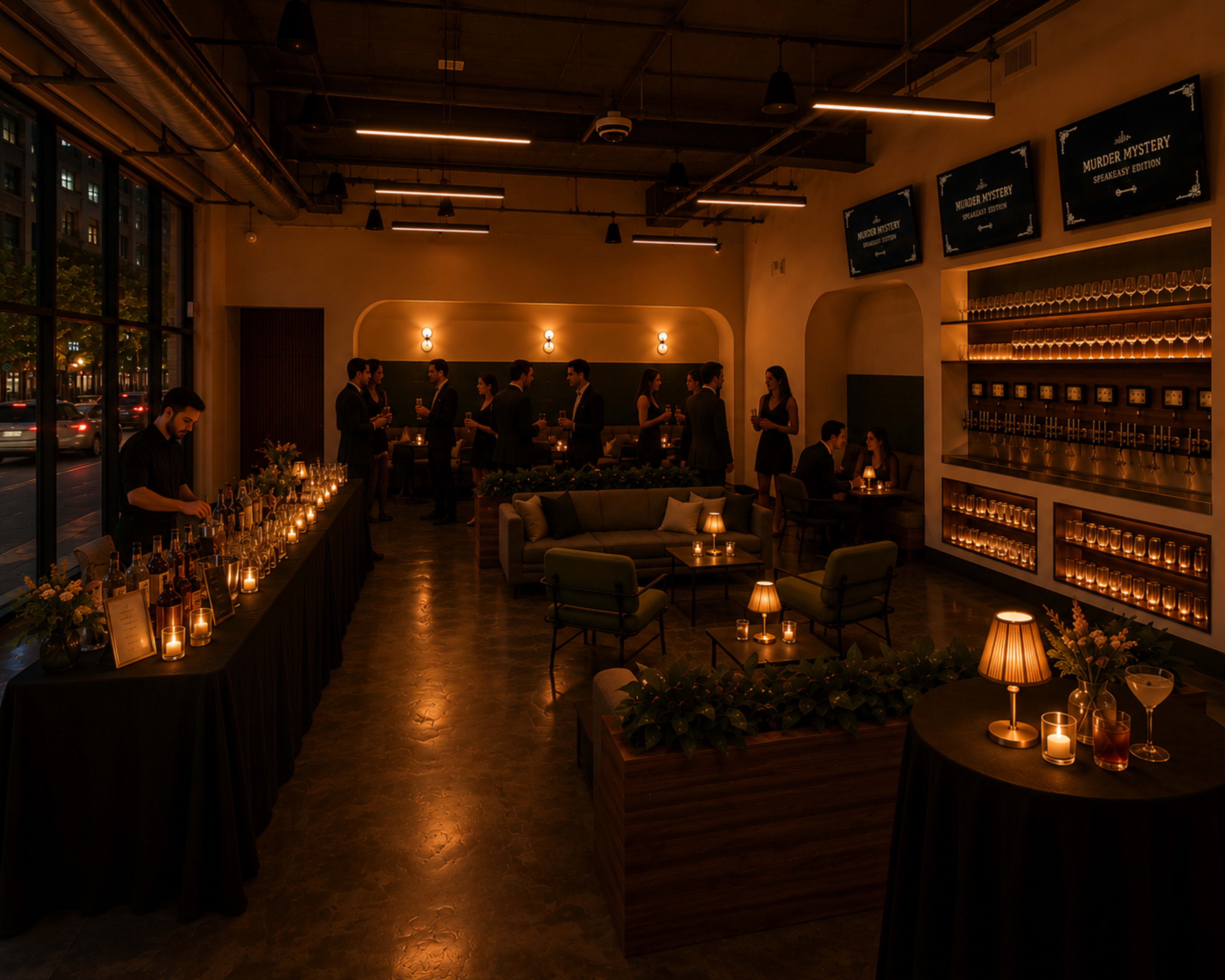 The image shows an elegant indoor venue with low lighting, featuring tables with spirits, a lounge area, and people engaged in conversation.