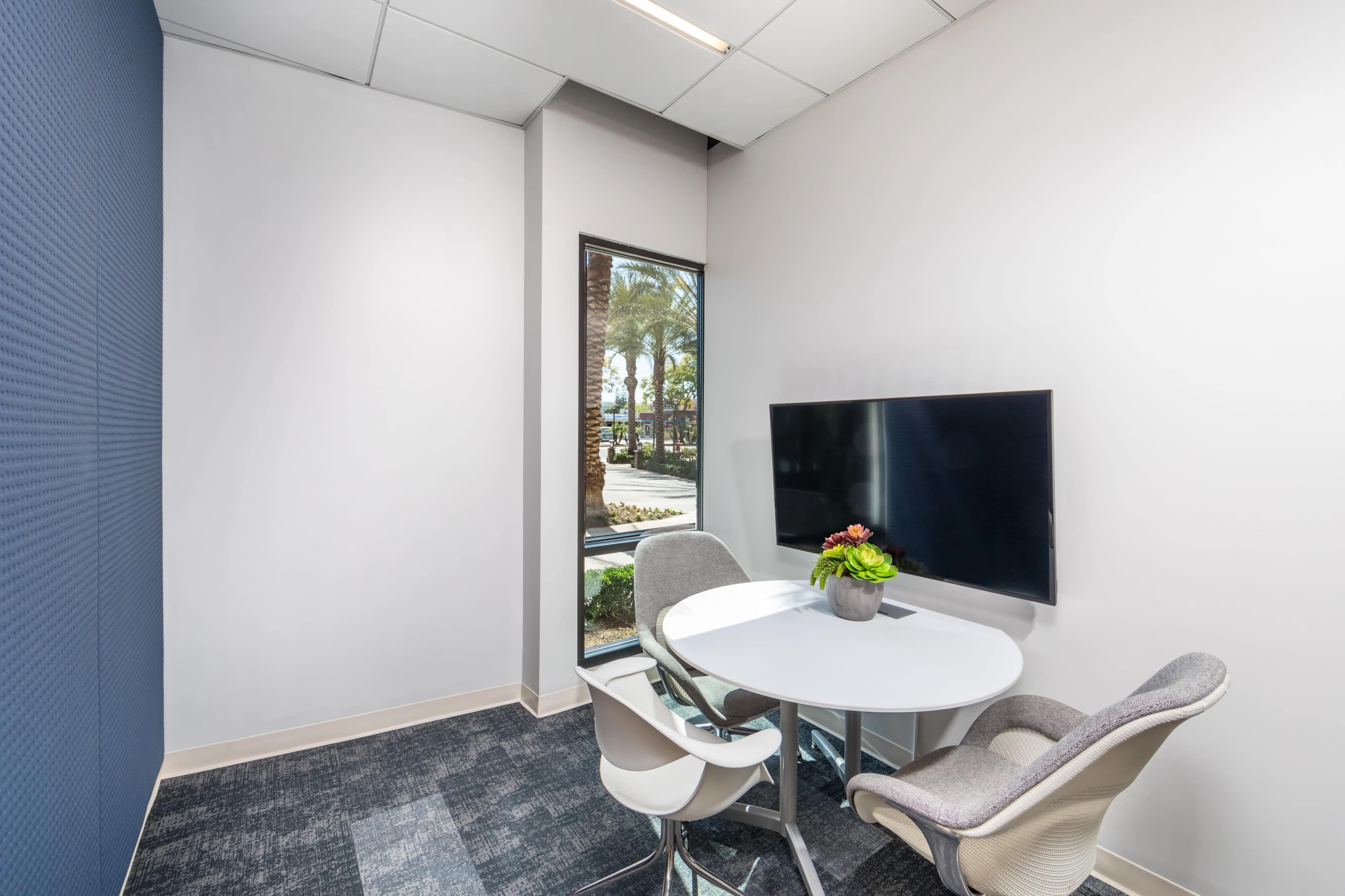 A small conference room features a round table with two chairs and a wall-mounted television, overlooking palm trees through a large window.