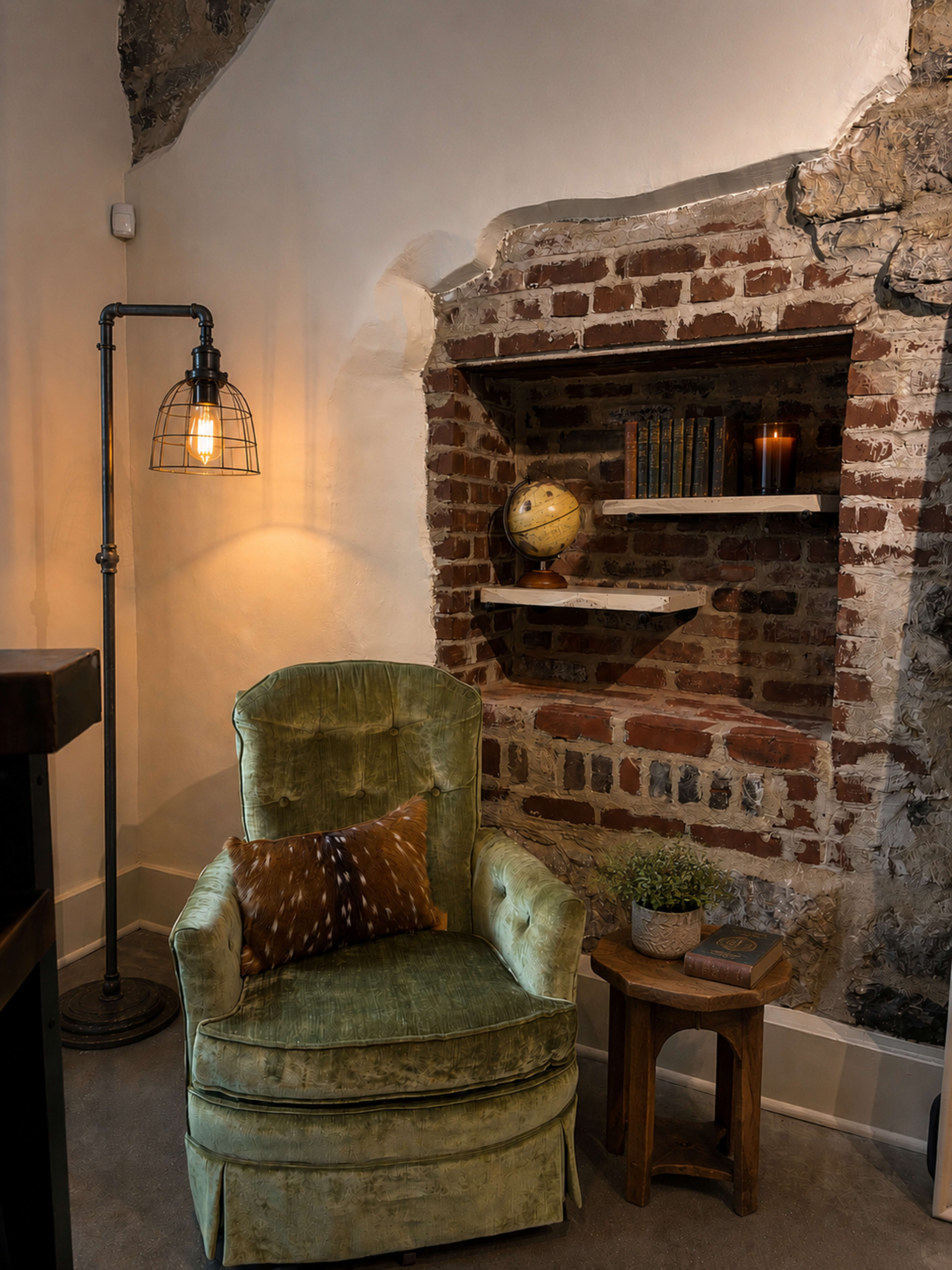 A green velvet chair sits next to a small wooden side table in front of a brick wall featuring a built-in shelf with books and a globe.