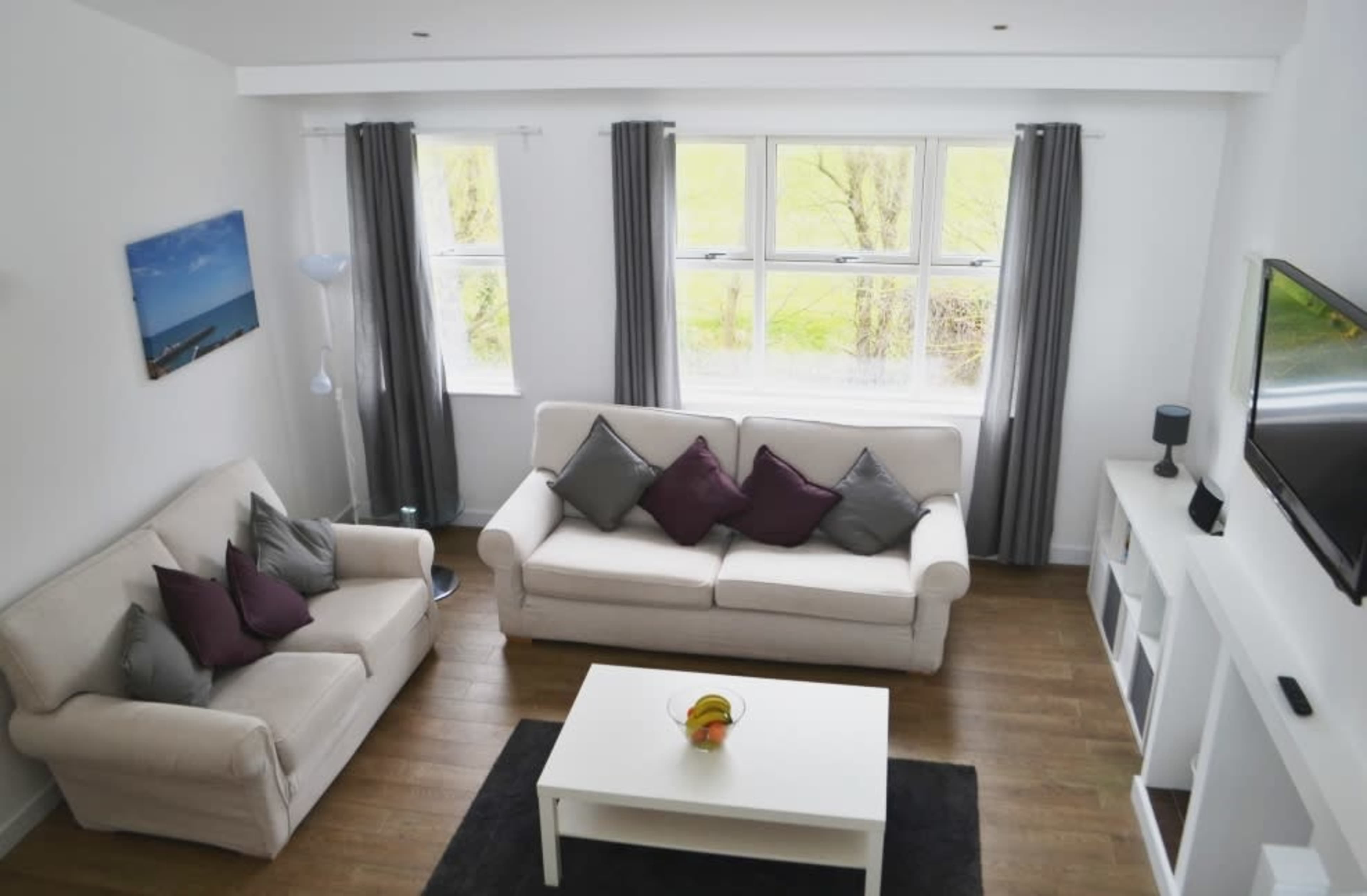 The image shows a modern living room with two sofas, a coffee table, large windows, and a television mounted on a light-colored wall.