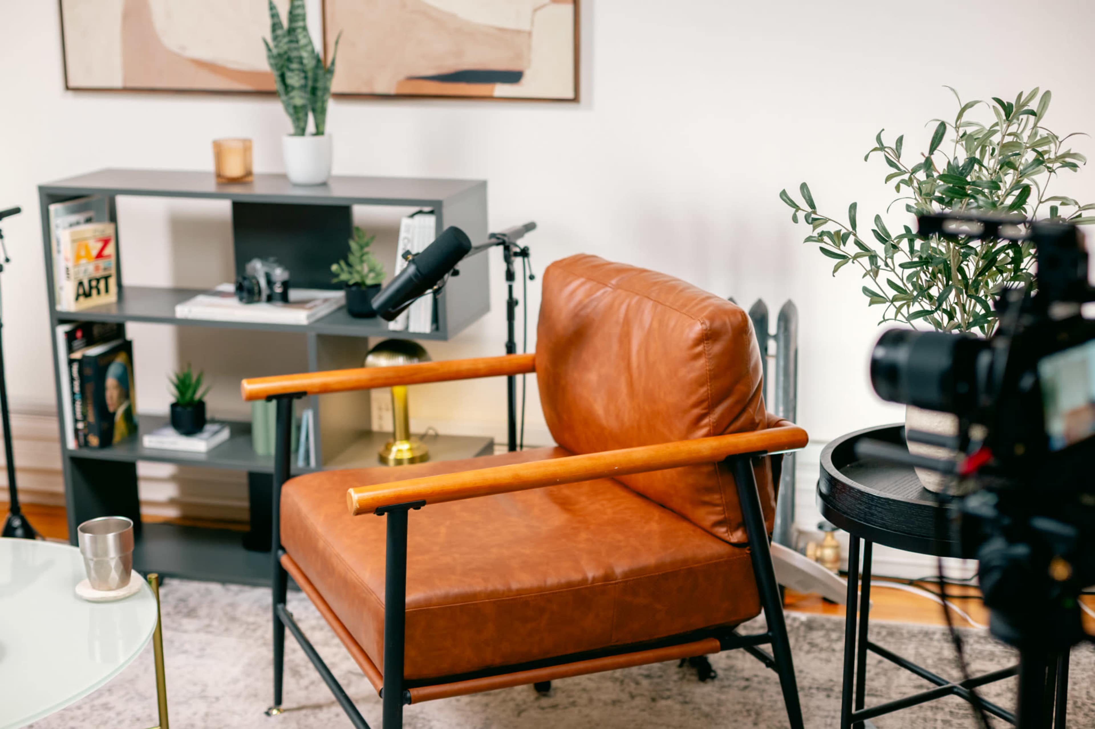 The image shows a cozy interior setup featuring a brown leather armchair next to a small black side table with a cup, surrounded by potted plants and a shelving unit holding books and a microphone.
