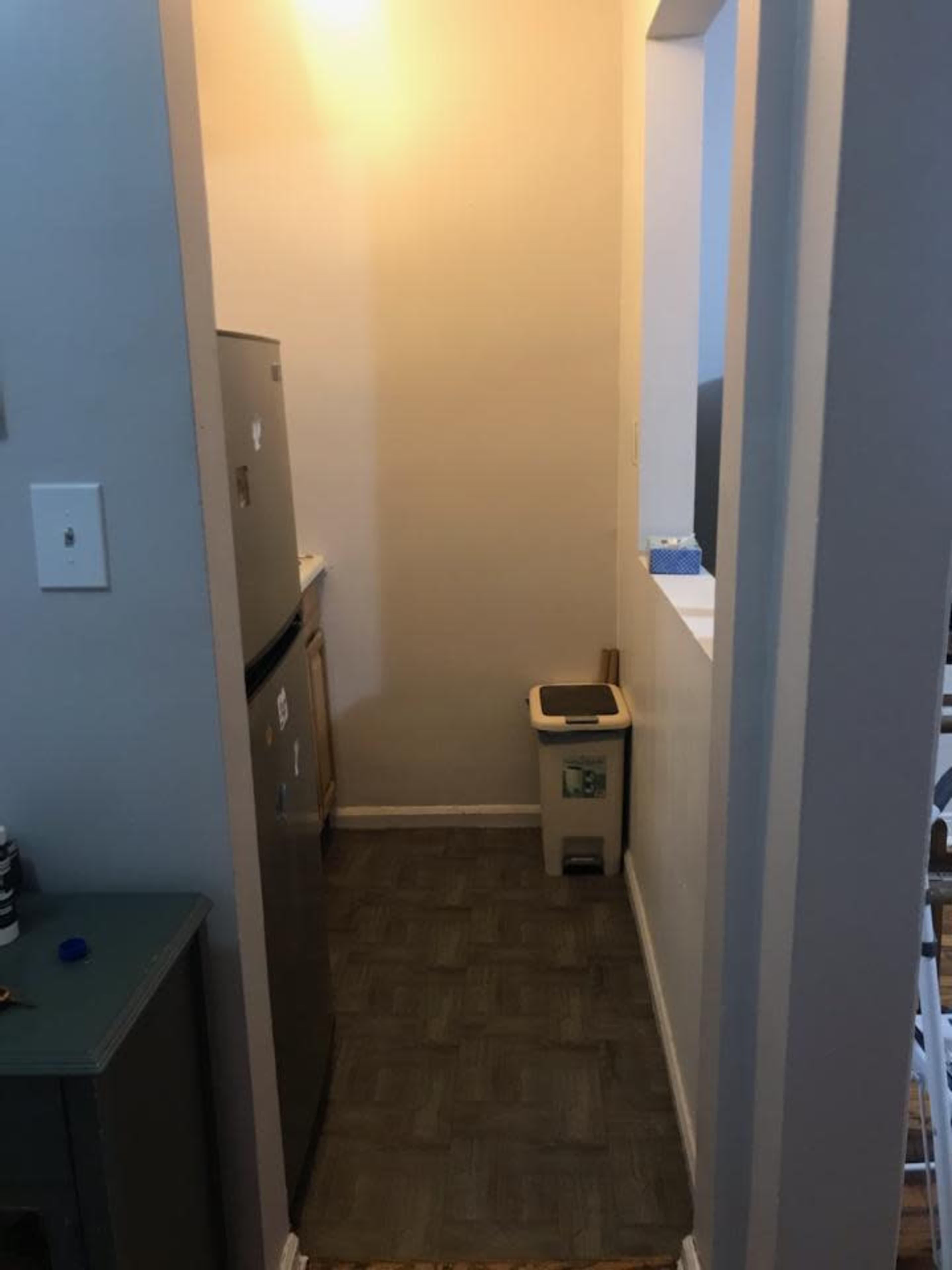 The image shows a narrow hallway leading to a kitchen area with a refrigerator, a cabinet, and a trash can in the corner.
