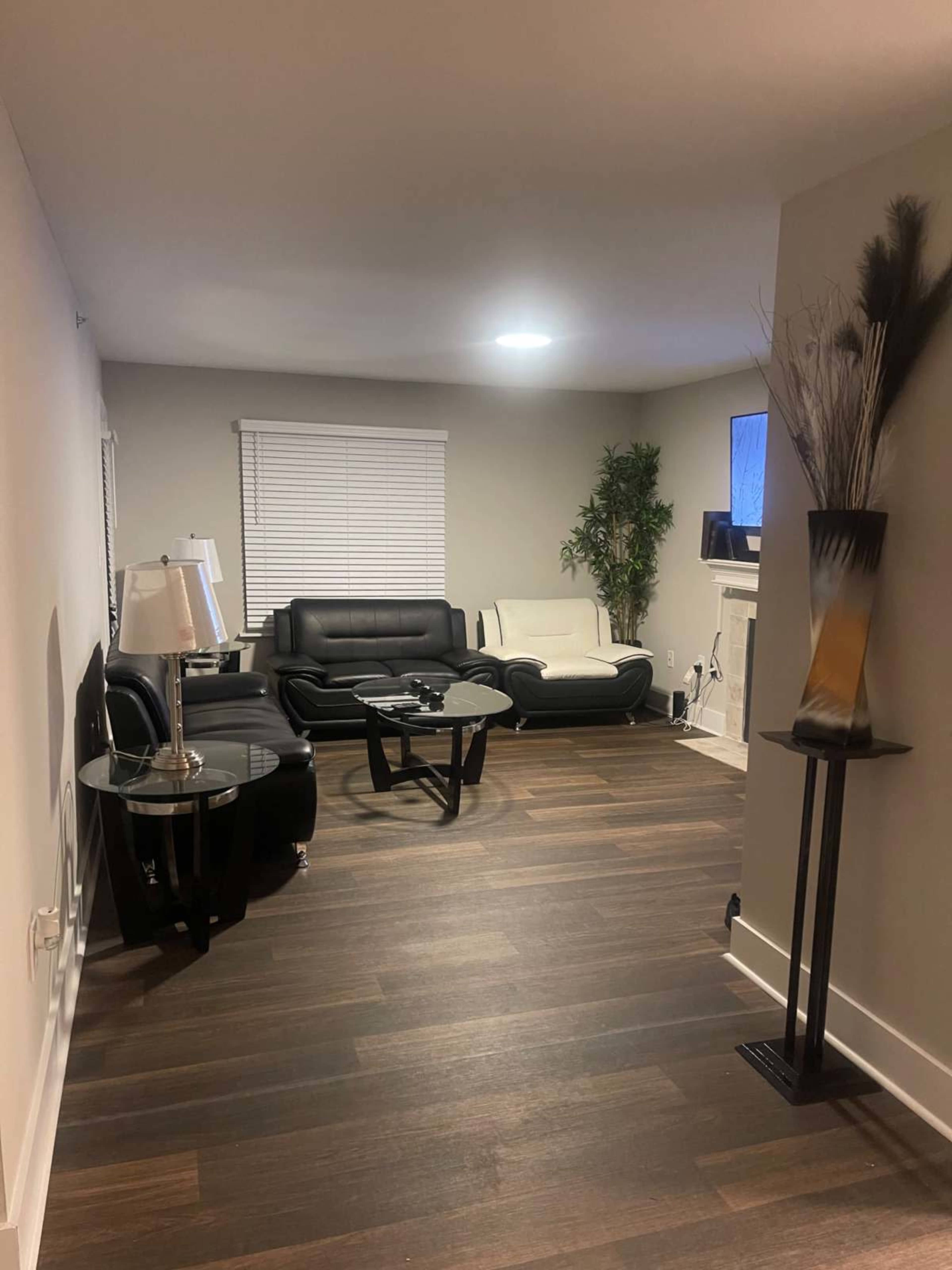 The image shows a modern living room with black leather sofas, a decorative plant, a table lamp, and a flat-screen TV.