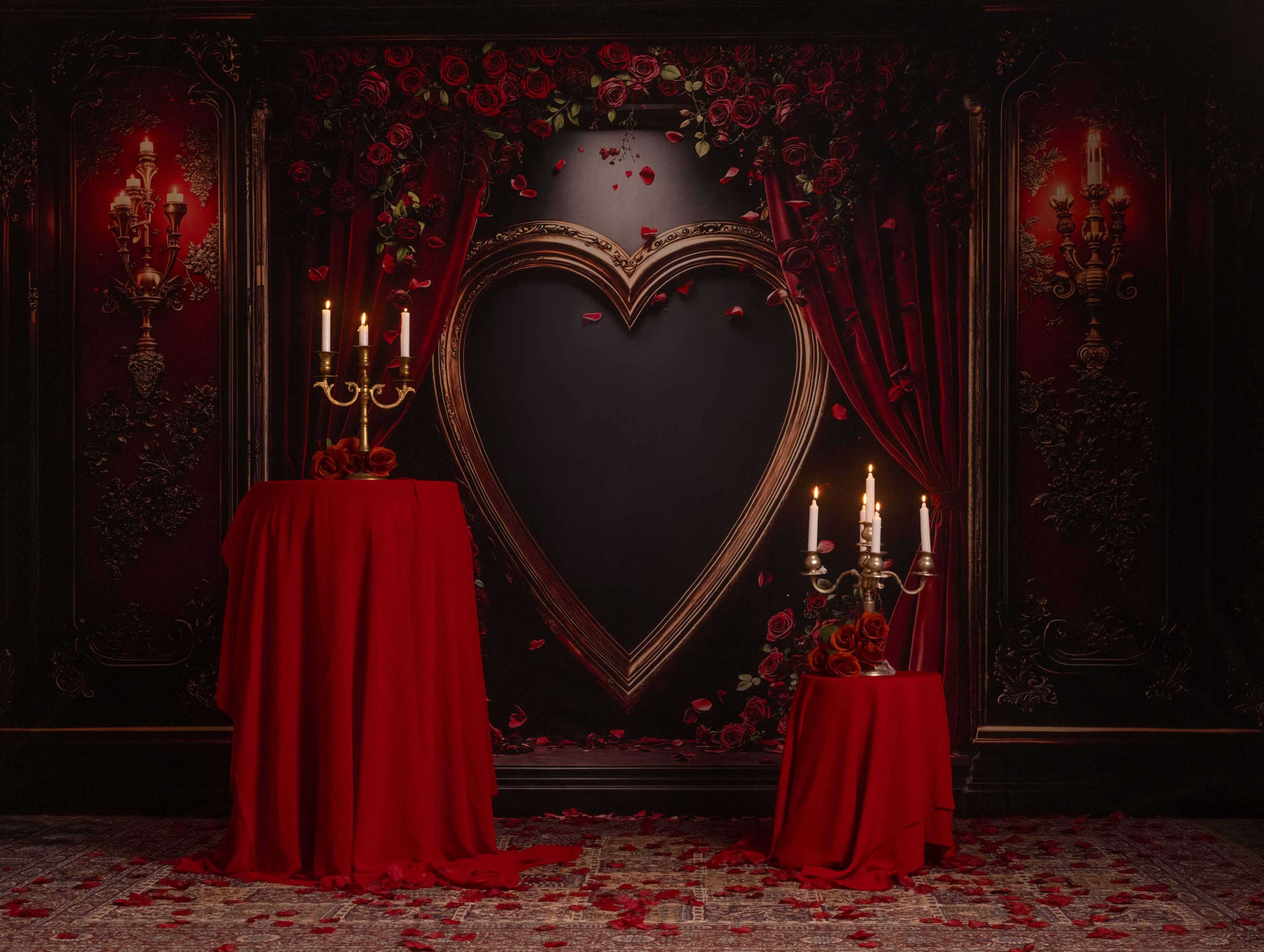 The scene features a richly decorated backdrop with rose motifs, two elegantly draped tables, and candelabras, all framed by a large heart-shaped design and red curtains.