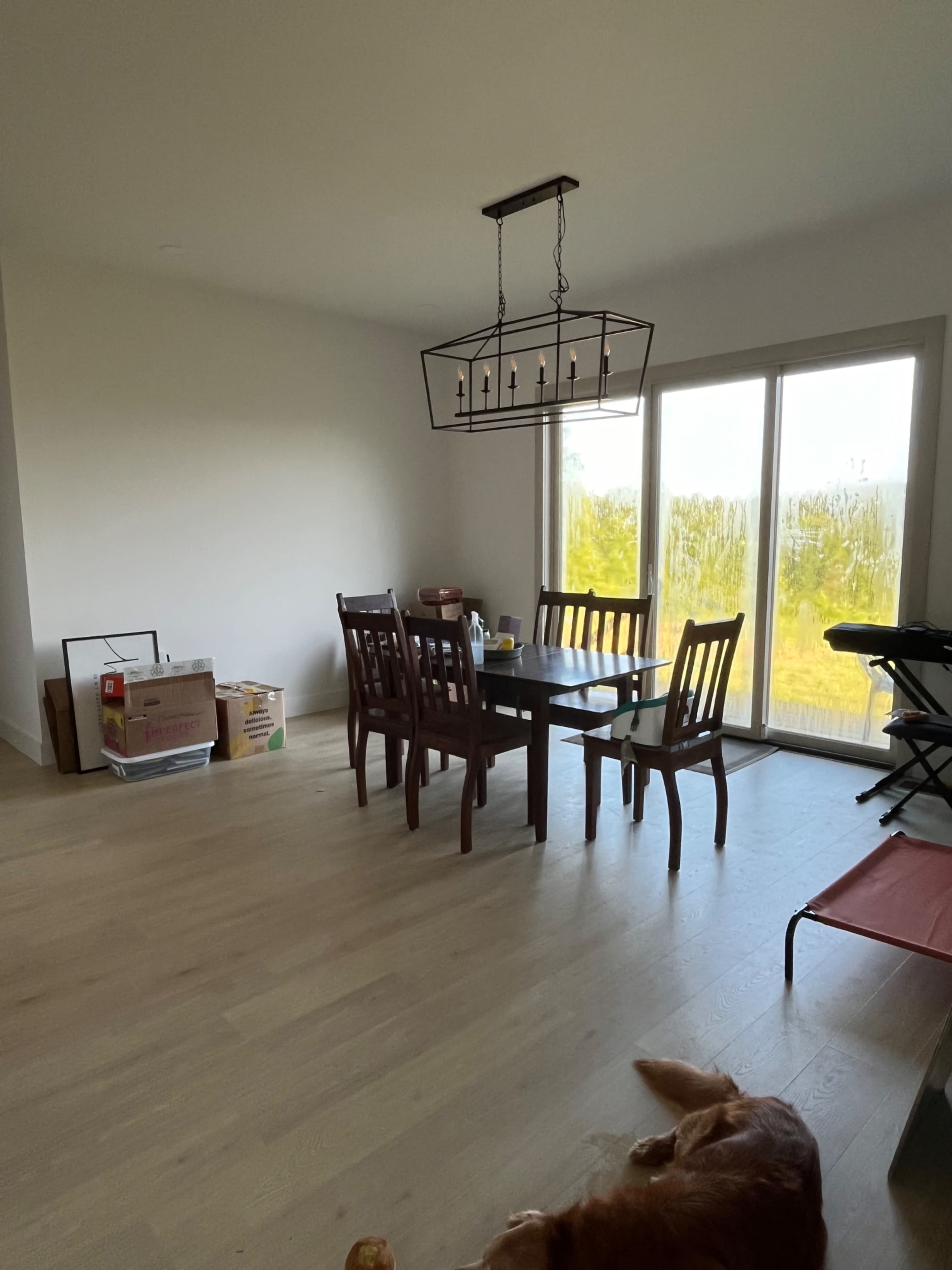 A dining room with a wooden table and six chairs is shown, along with a stack of boxes and a dog lying on the floor.
