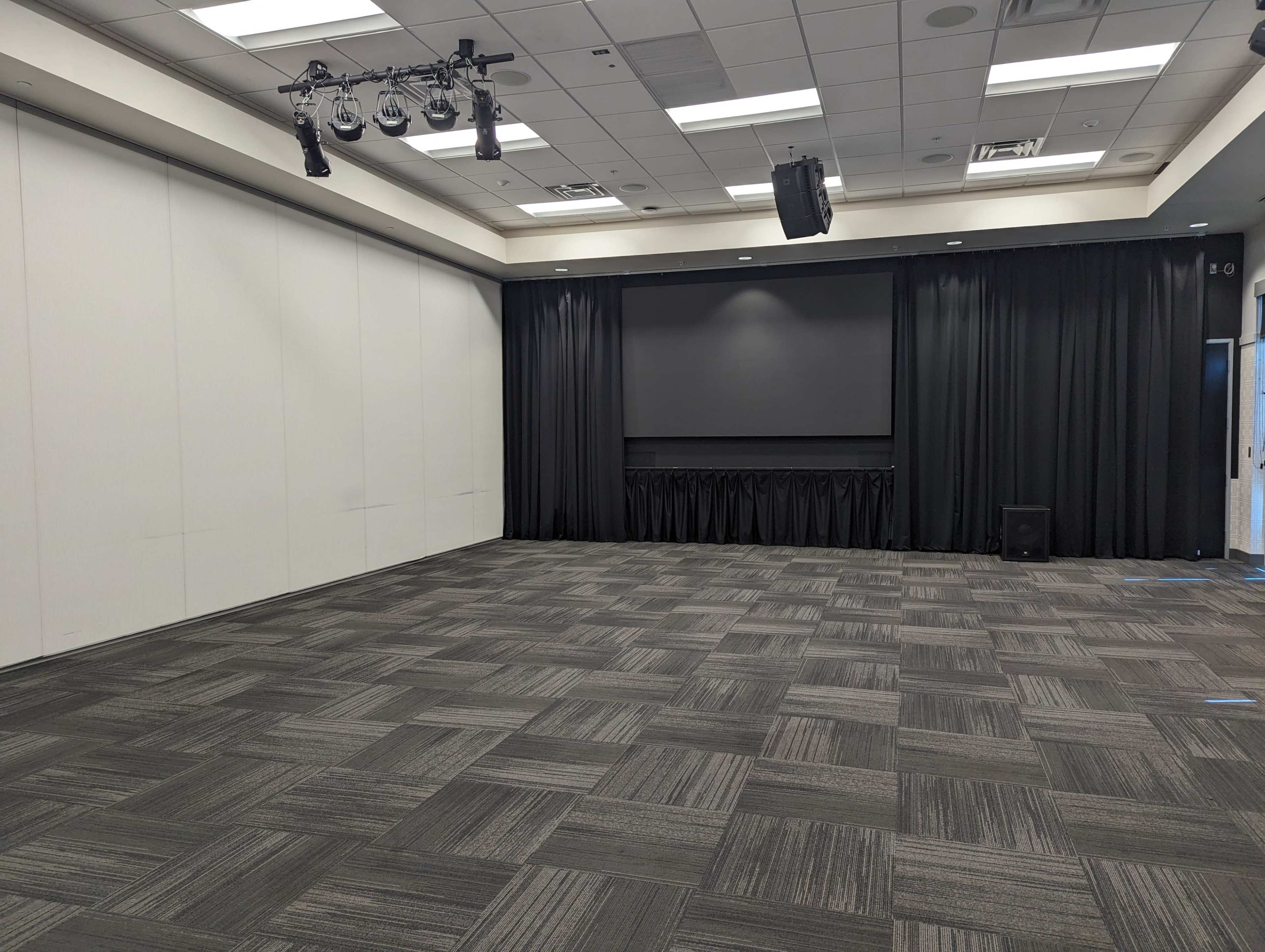 A large, empty conference room with a screen at one end, black curtains, and patterned carpet tiles.