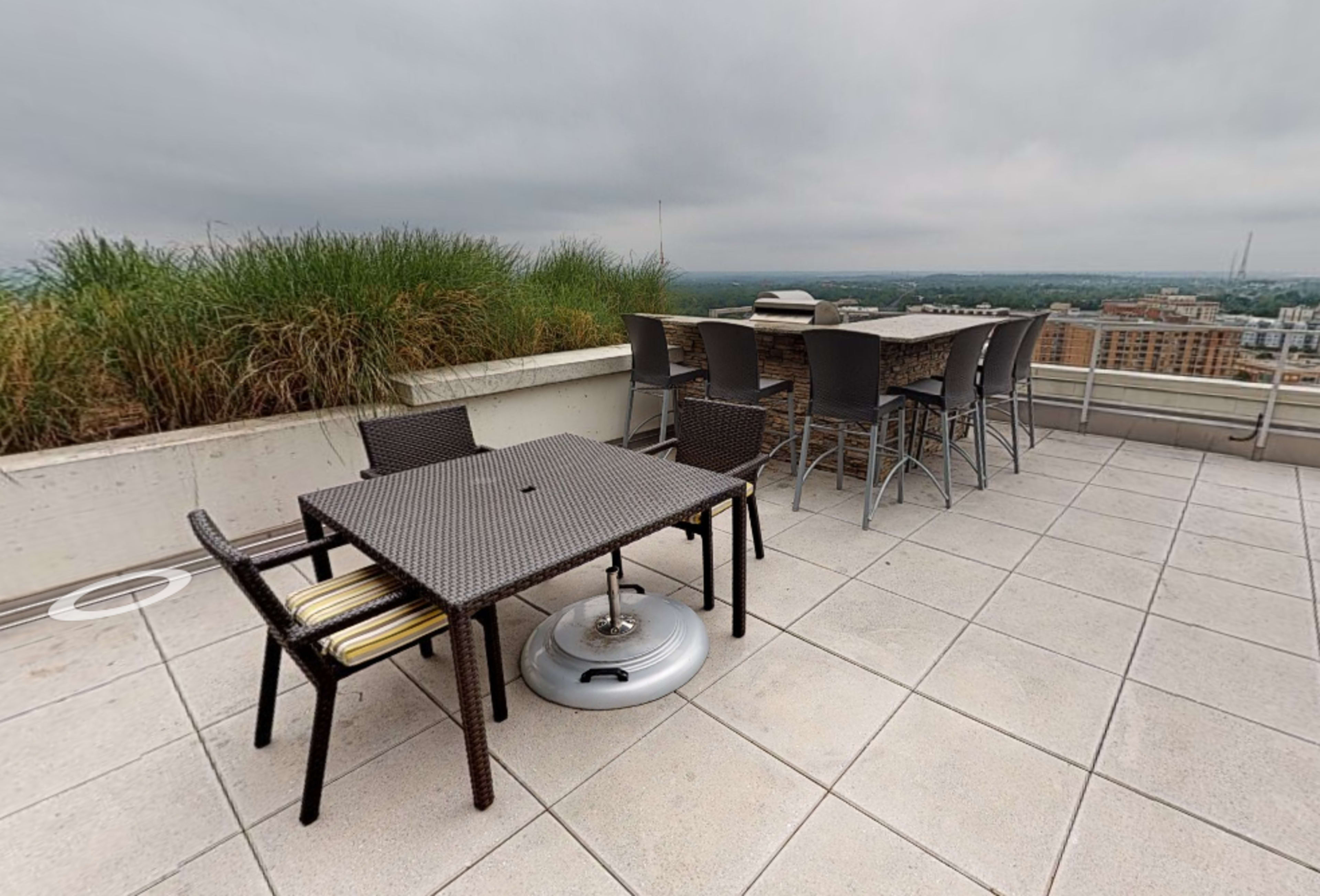A rooftop patio features tables and chairs surrounded by tall grass and a view of the city skyline.