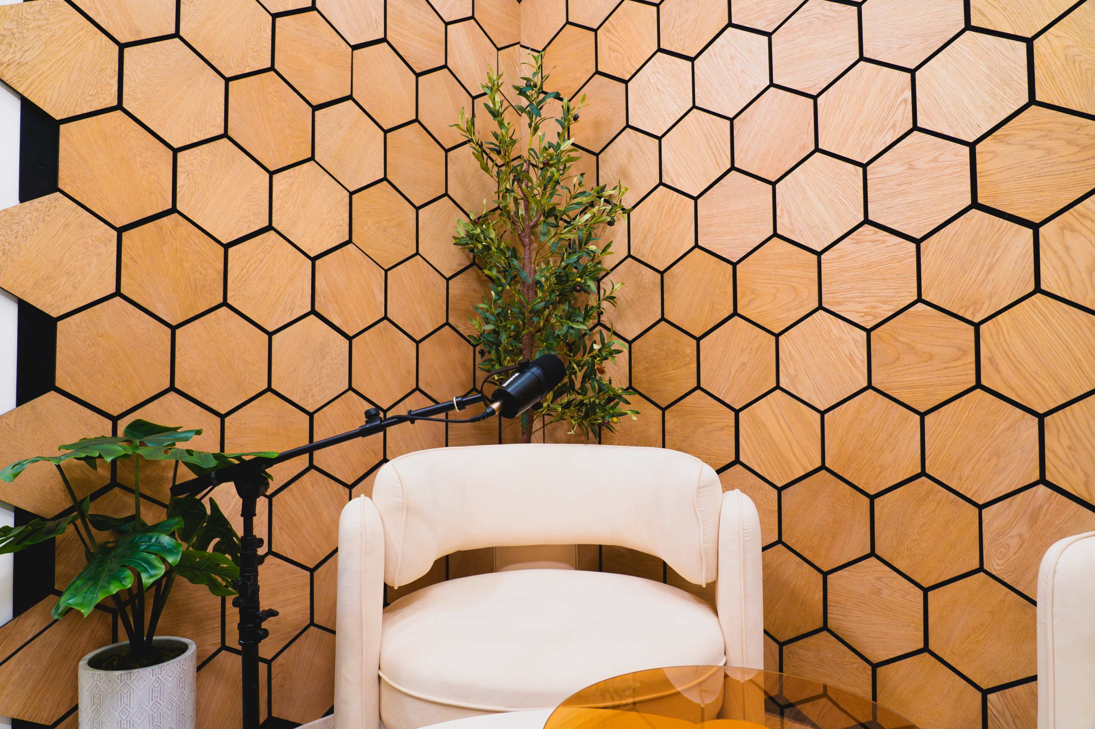 The image shows a cozy seating area with a light-colored chair, a microphone on a stand, a small plant, and a hexagon-patterned wooden wall.