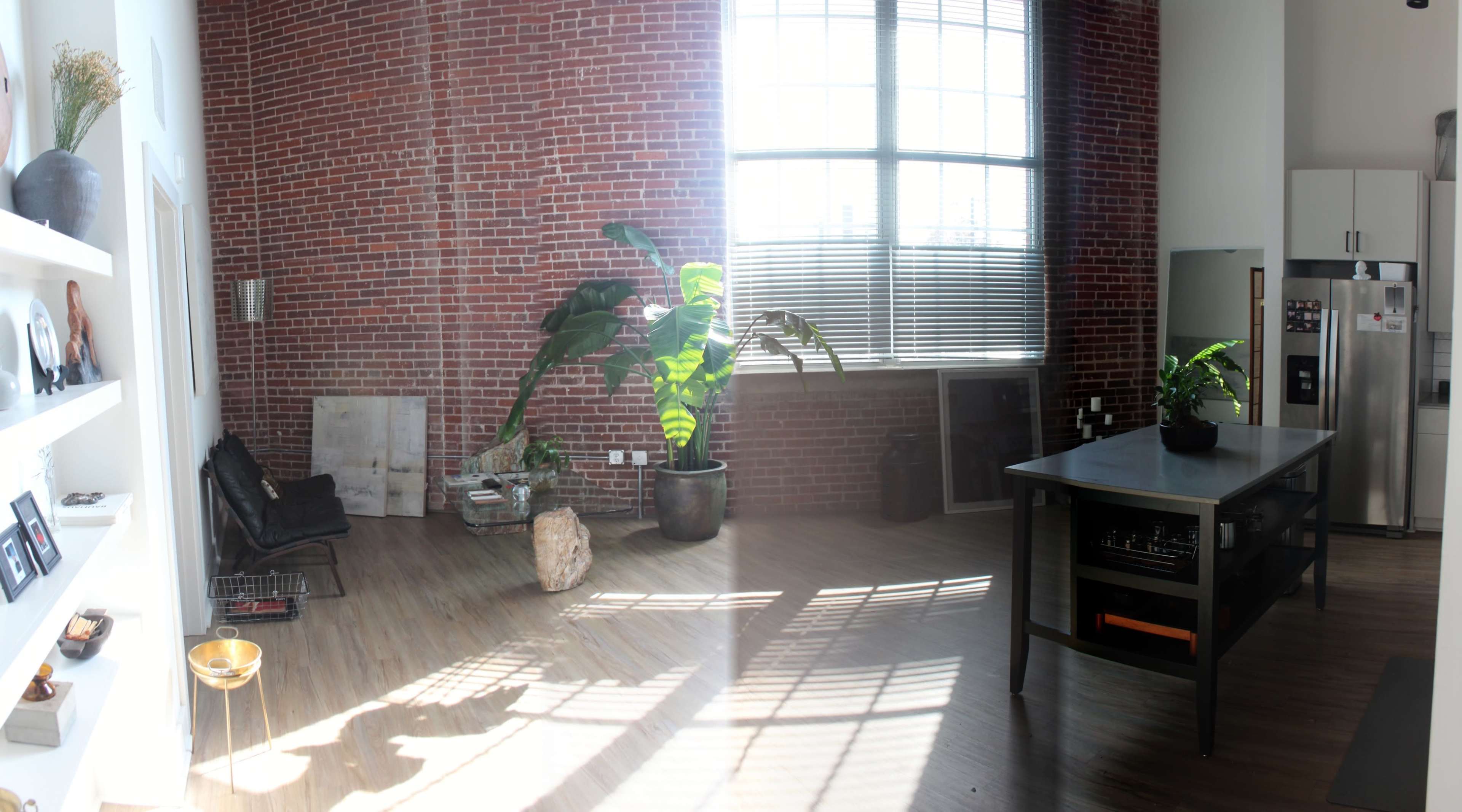 The image shows a spacious room with exposed brick walls, large windows allowing natural light, a potted plant in the corner, and a kitchen area with an island.