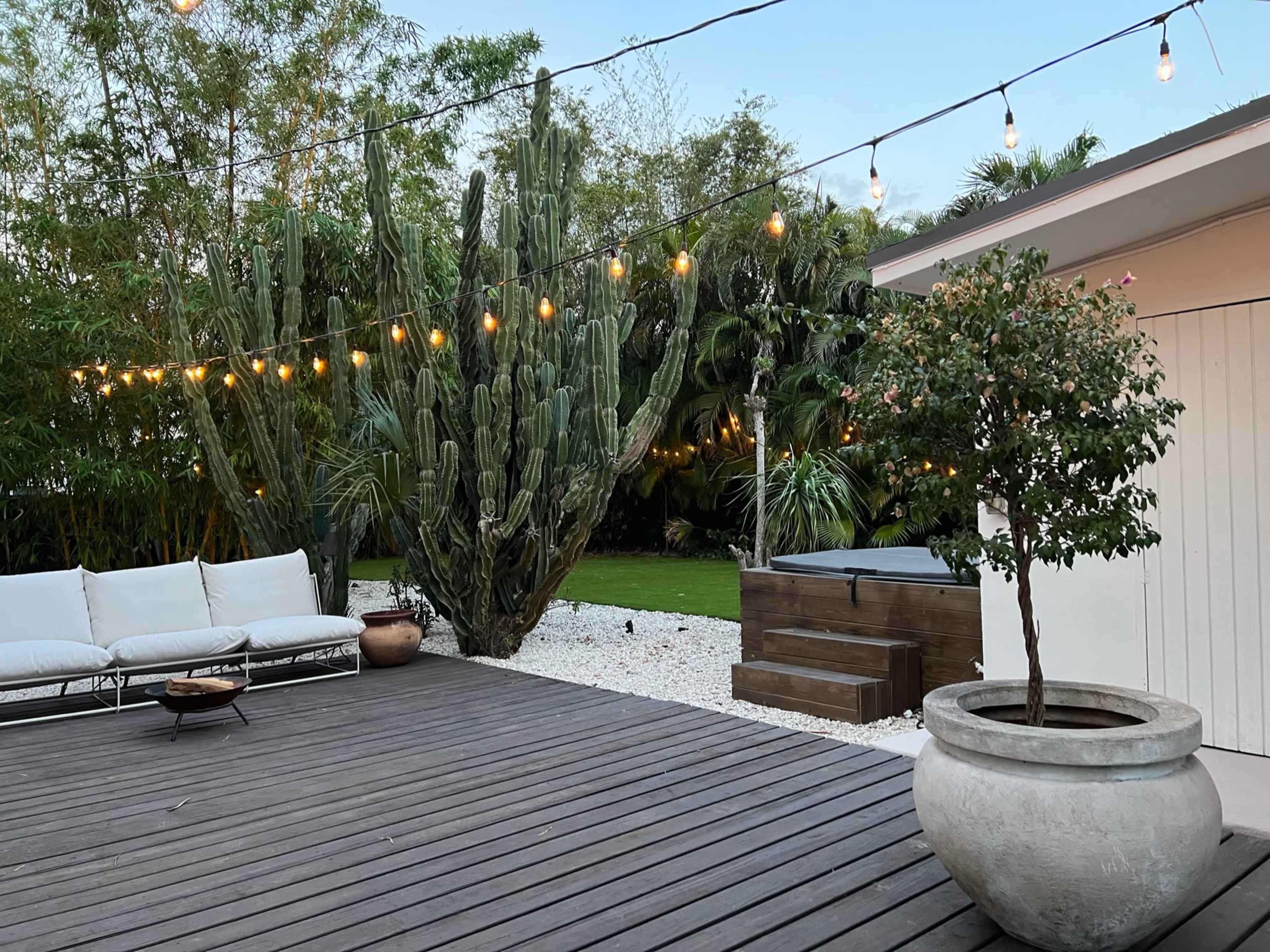 A wooden deck with a seating area, surrounded by lush greenery and cacti, illuminated by string lights above.