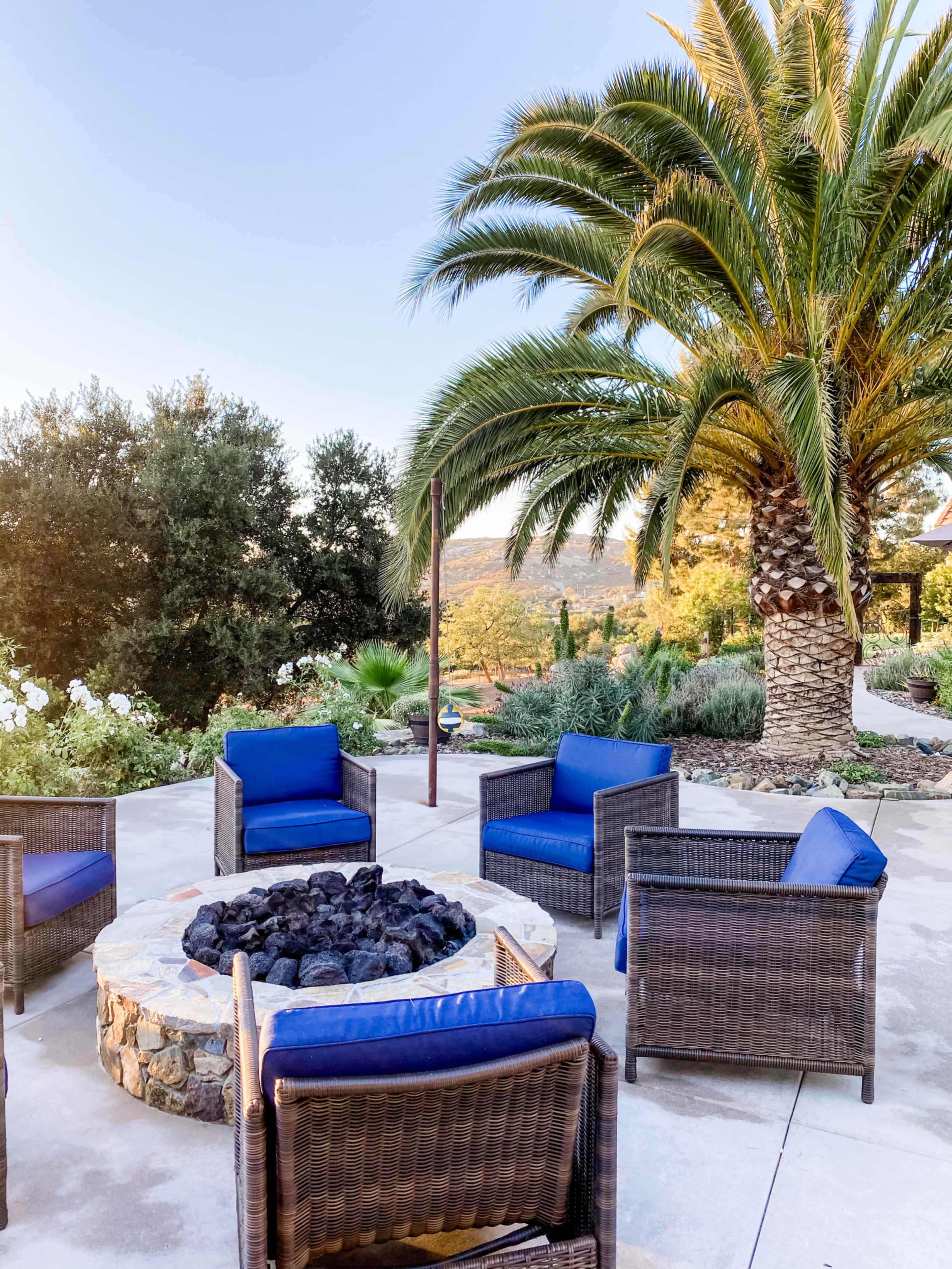 A circular stone fire pit is surrounded by blue cushioned chairs under a palm tree and overlooking a landscaped area.