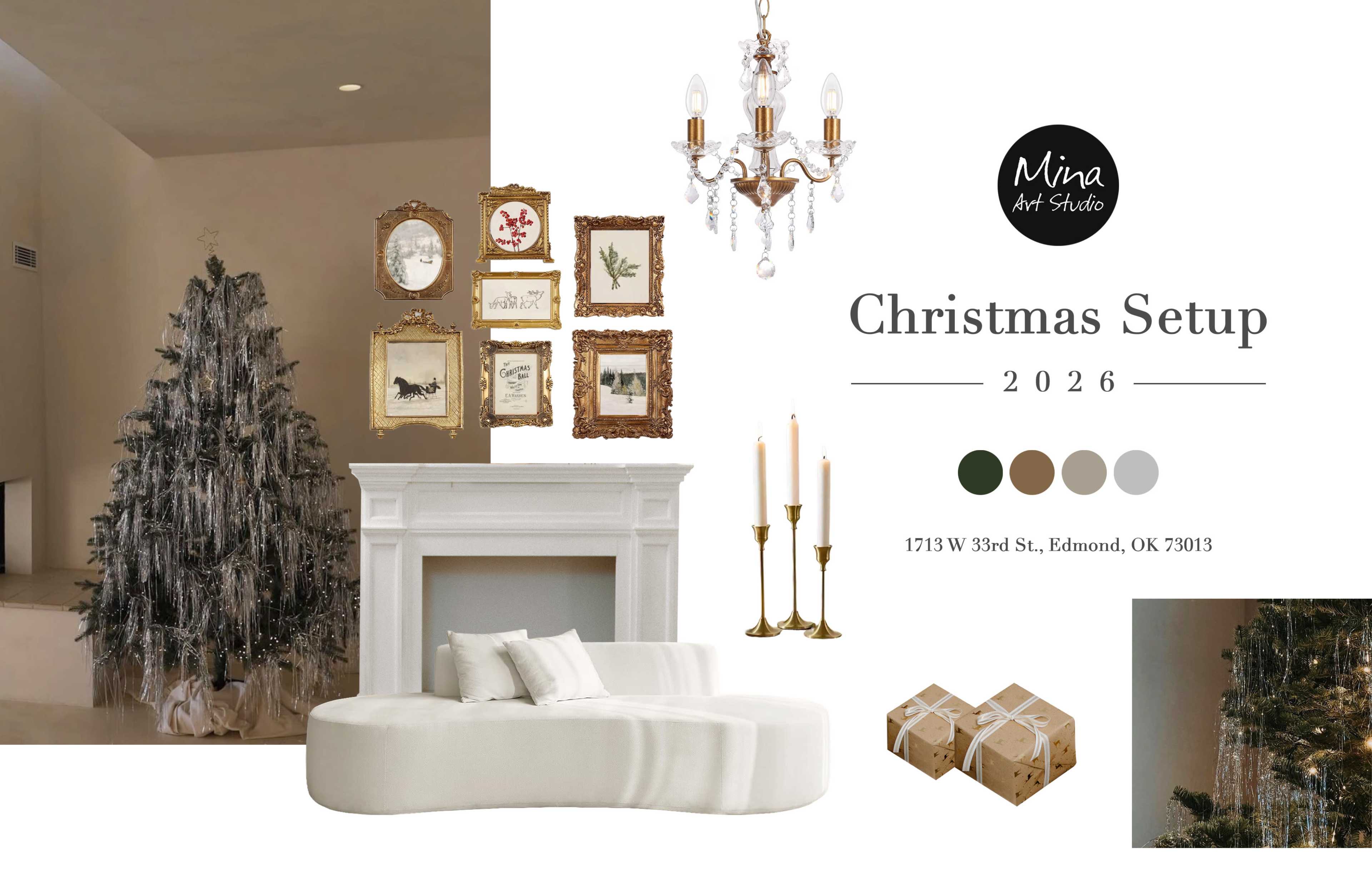 The image features a stylish Christmas setup for 2026, showcasing a decorated tree, a gallery wall with framed artwork, a modern white sofa, elegant candle holders, and gift boxes, all arranged in a bright interior space.