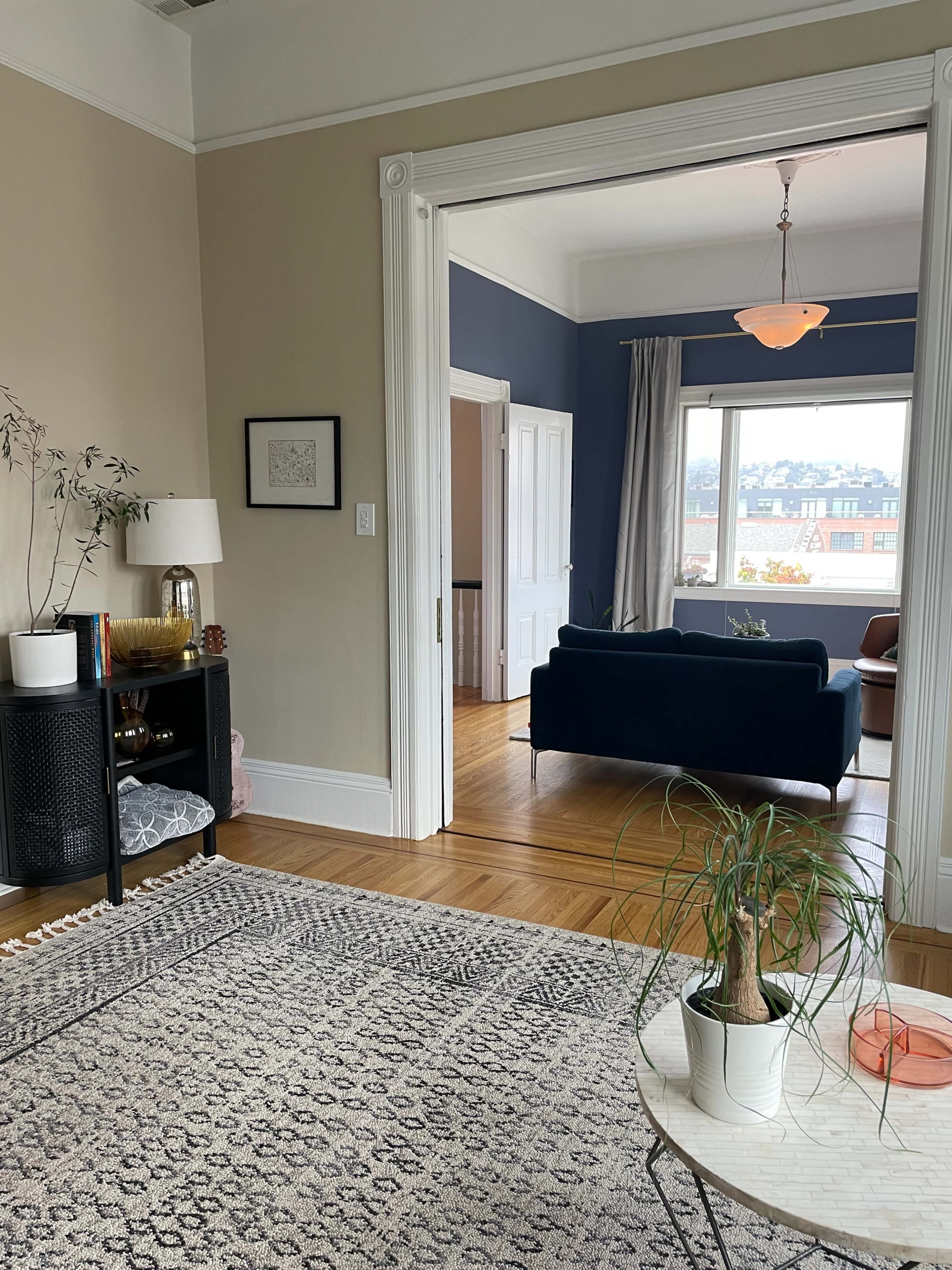 The image shows a cozy living space with a view through a doorway, featuring a dark sofa, a decorative rug, and a plant on a coffee table.