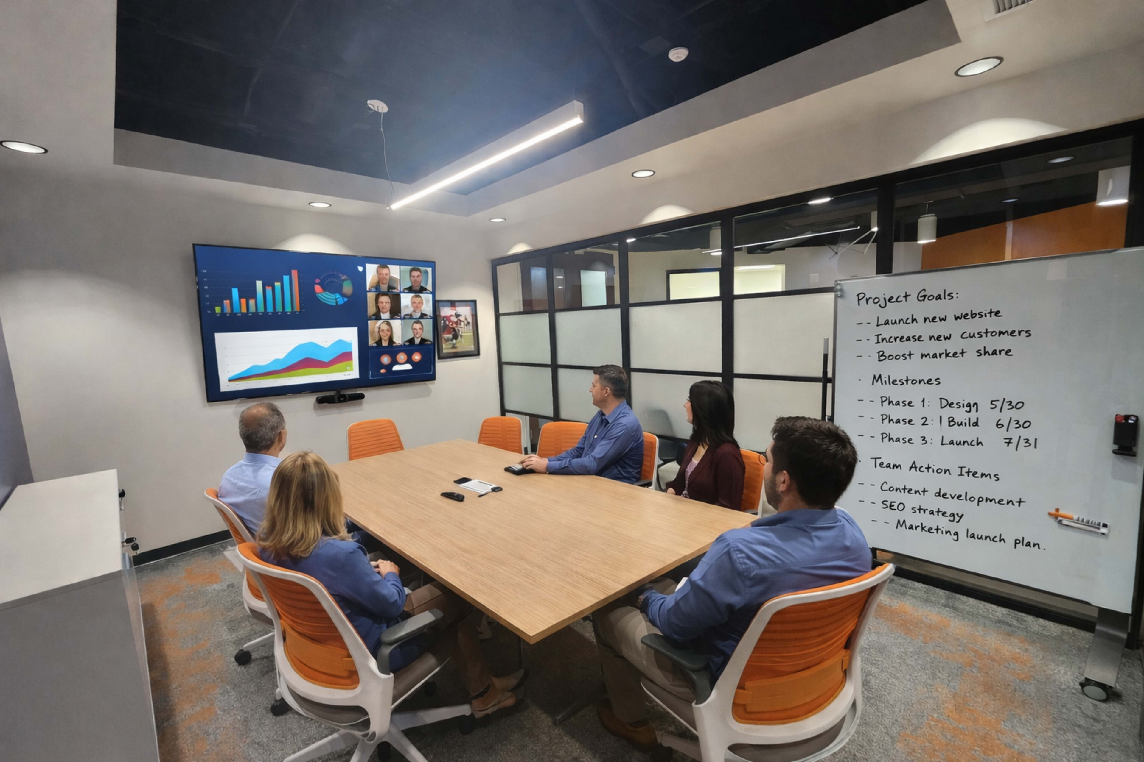 A team meets around a conference table while reviewing a presentation displayed on a screen.