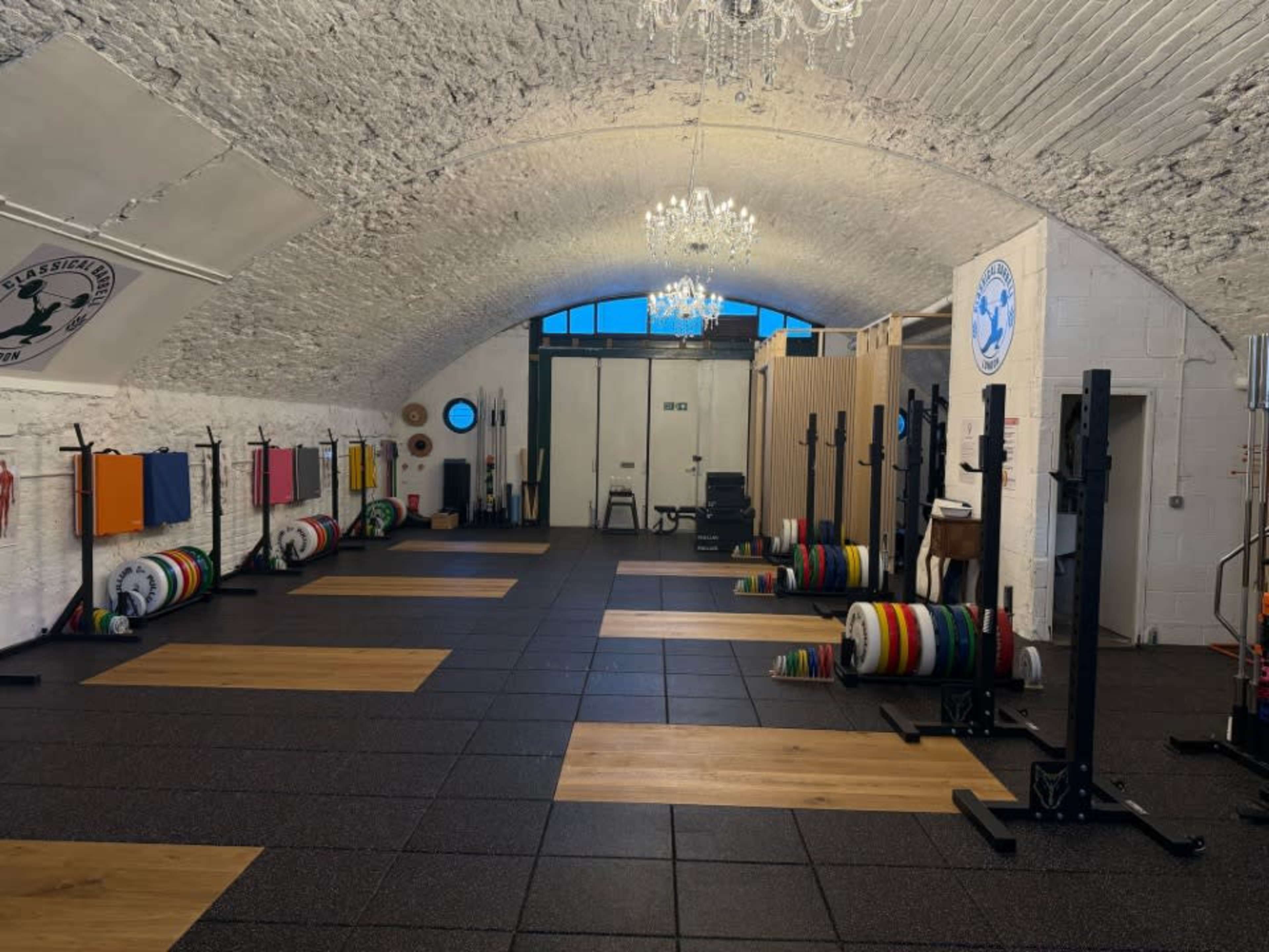 East London Olympic Weightlifting Gym with Chandeliers Image in London, London, ENG