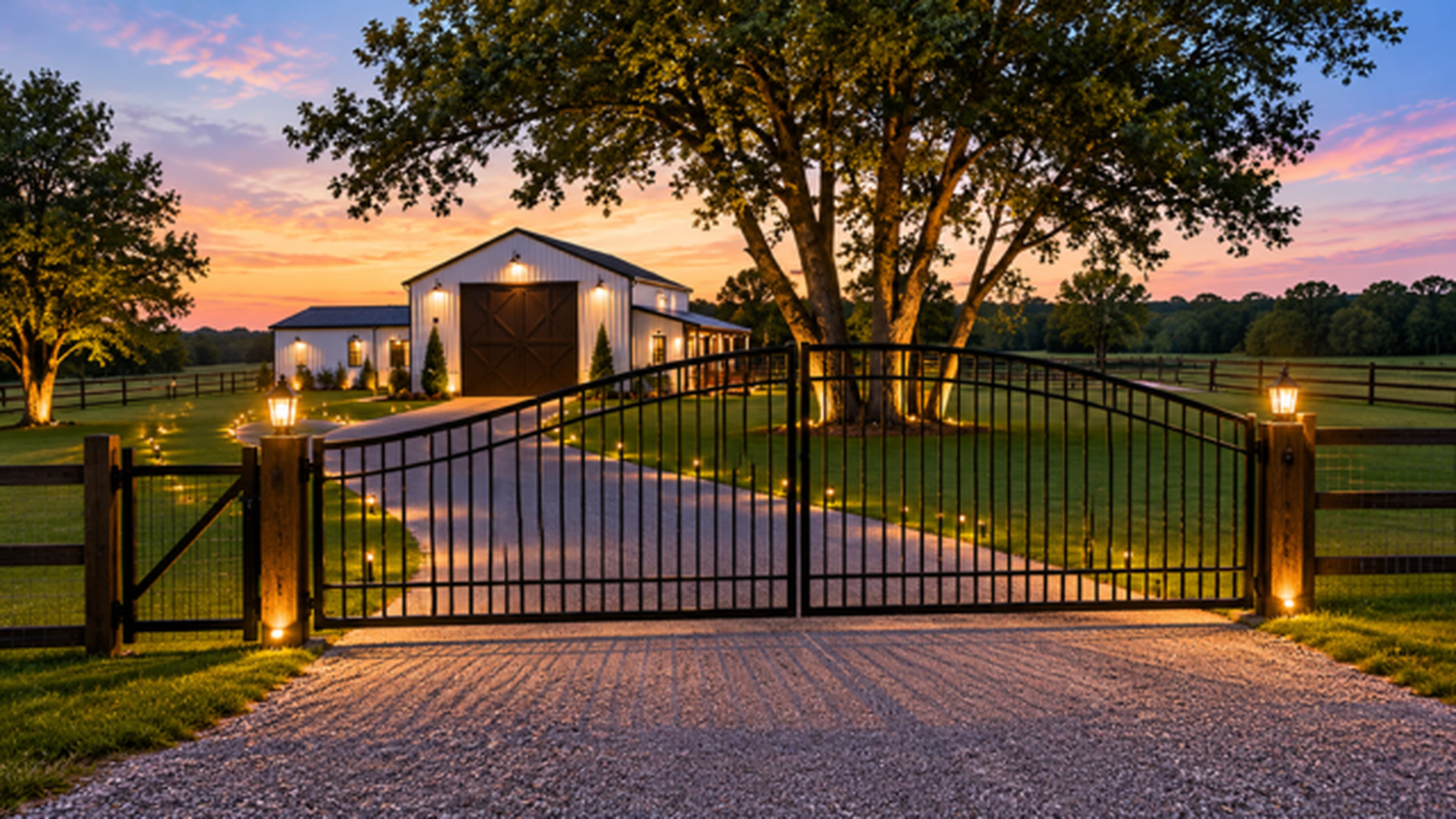 A black metal gate stands open at dusk, leading to a gravel driveway lined with lights, which leads to a white barn surrounded by trees and a green field.