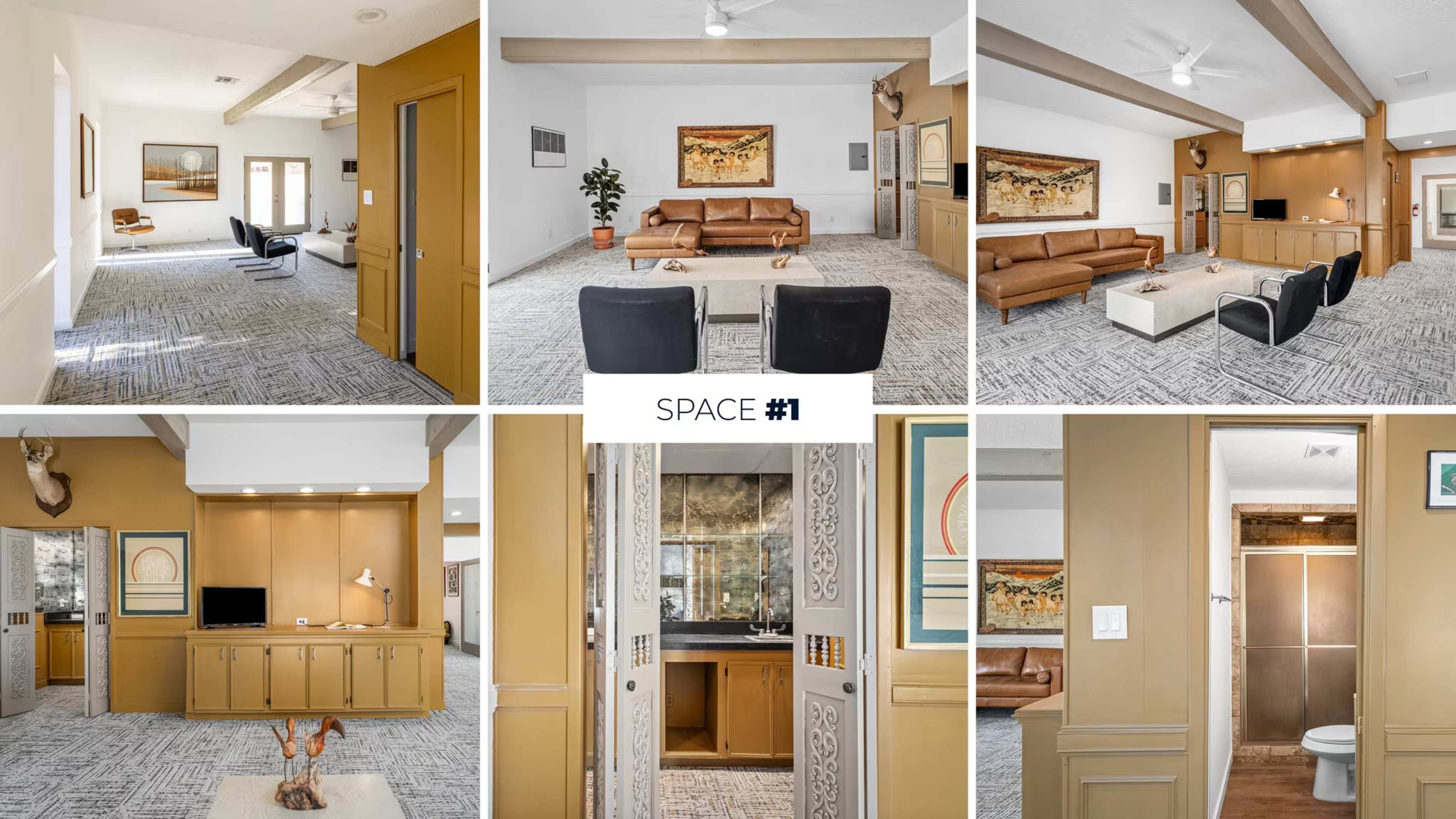 The image showcases a series of six photos highlighting a contemporary interior space with various seating arrangements, a decorative wall art, and a combination of wooden and upholstered furniture.