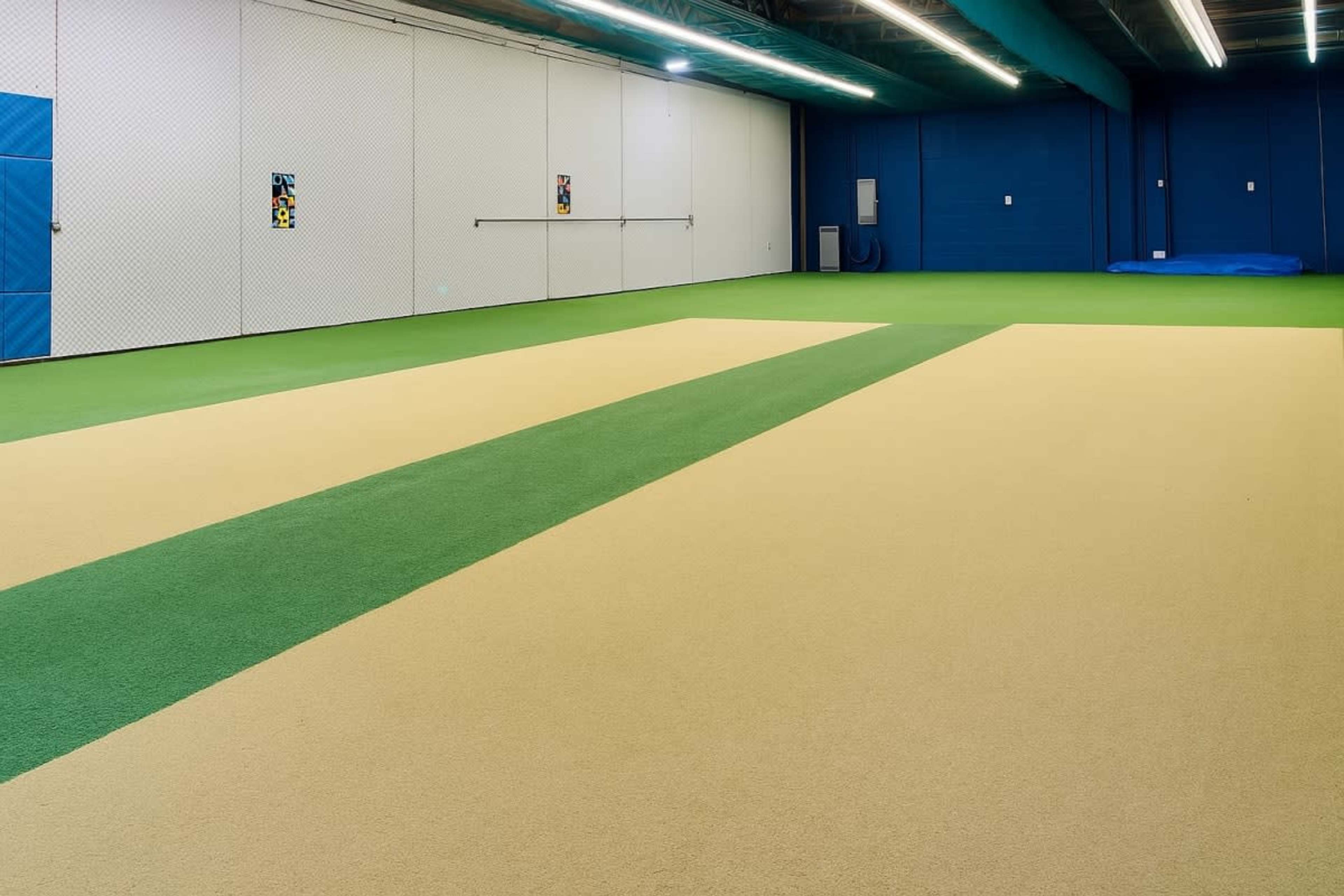 The image shows a spacious indoor facility with a green and tan carpeted floor divided by two colored stripes, surrounded by blue walls.