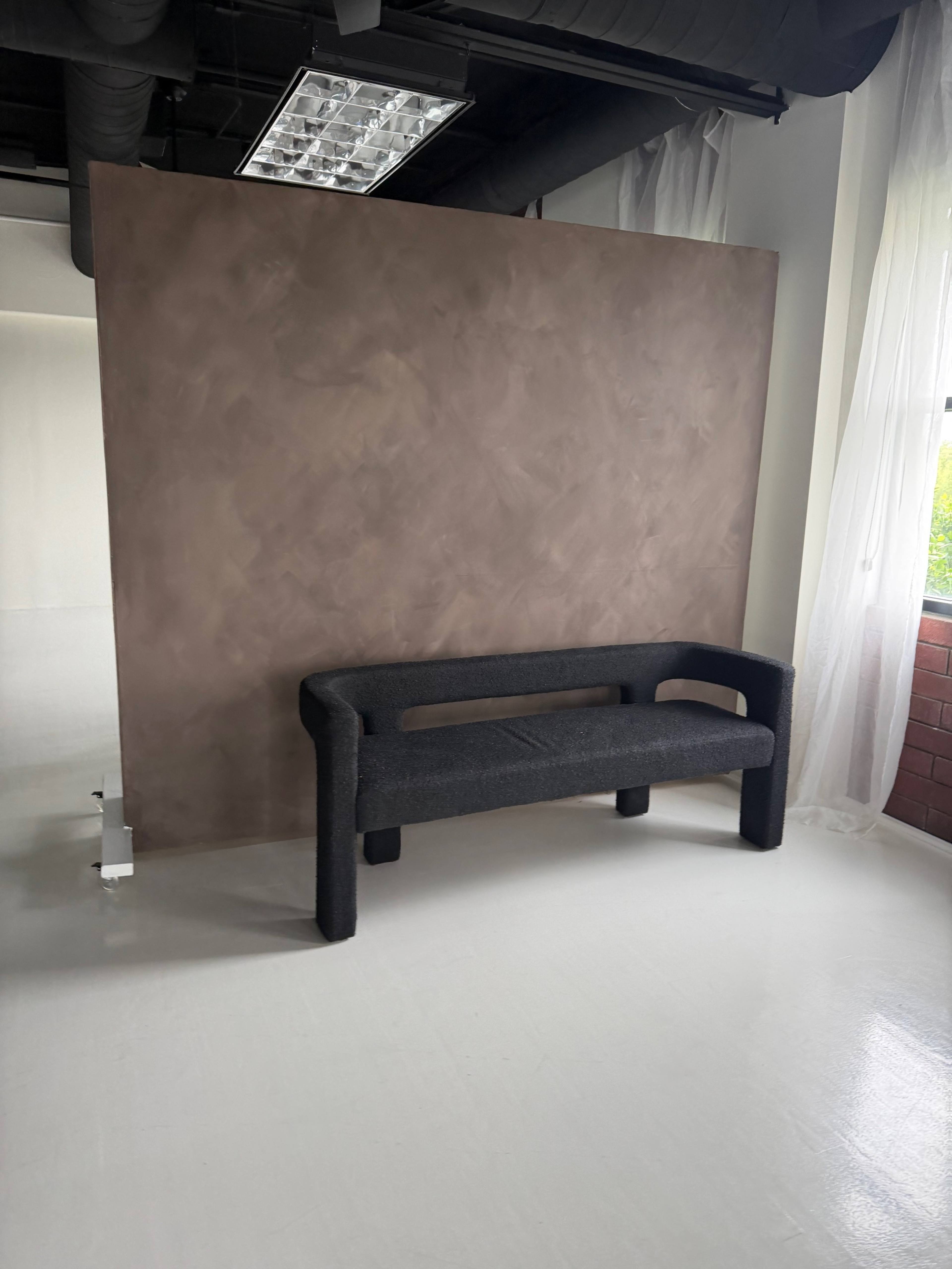 The image shows a dark gray modern couch positioned against a textured brown wall in a bright, spacious room with a window.