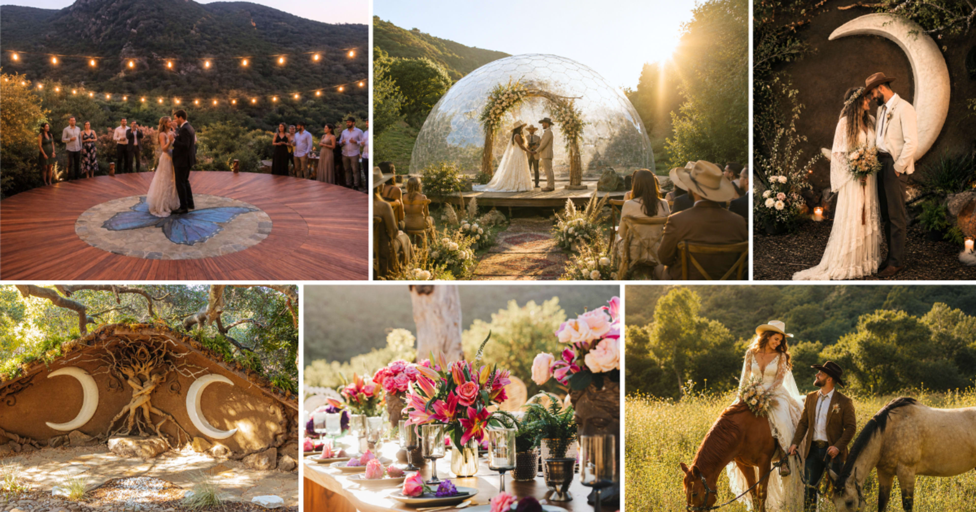 The image showcases a rustic outdoor wedding scene featuring a couple exchanging vows under a glass dome surrounded by guests, with decor including floral arrangements and unique natural elements.