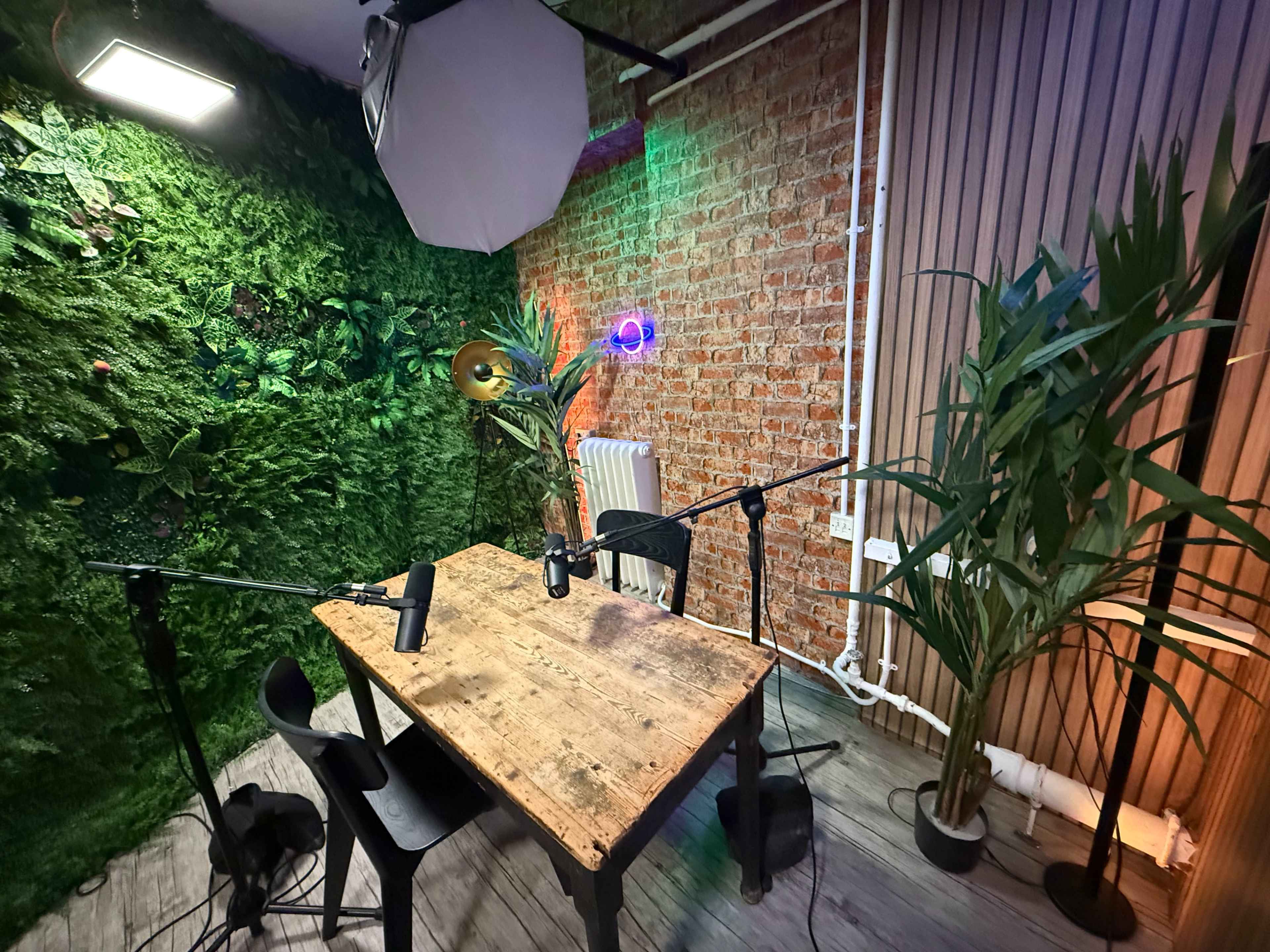 The image shows a small recording studio with a wooden table, two black chairs, and multiple microphones set up against a green moss-covered wall and wooden paneling.