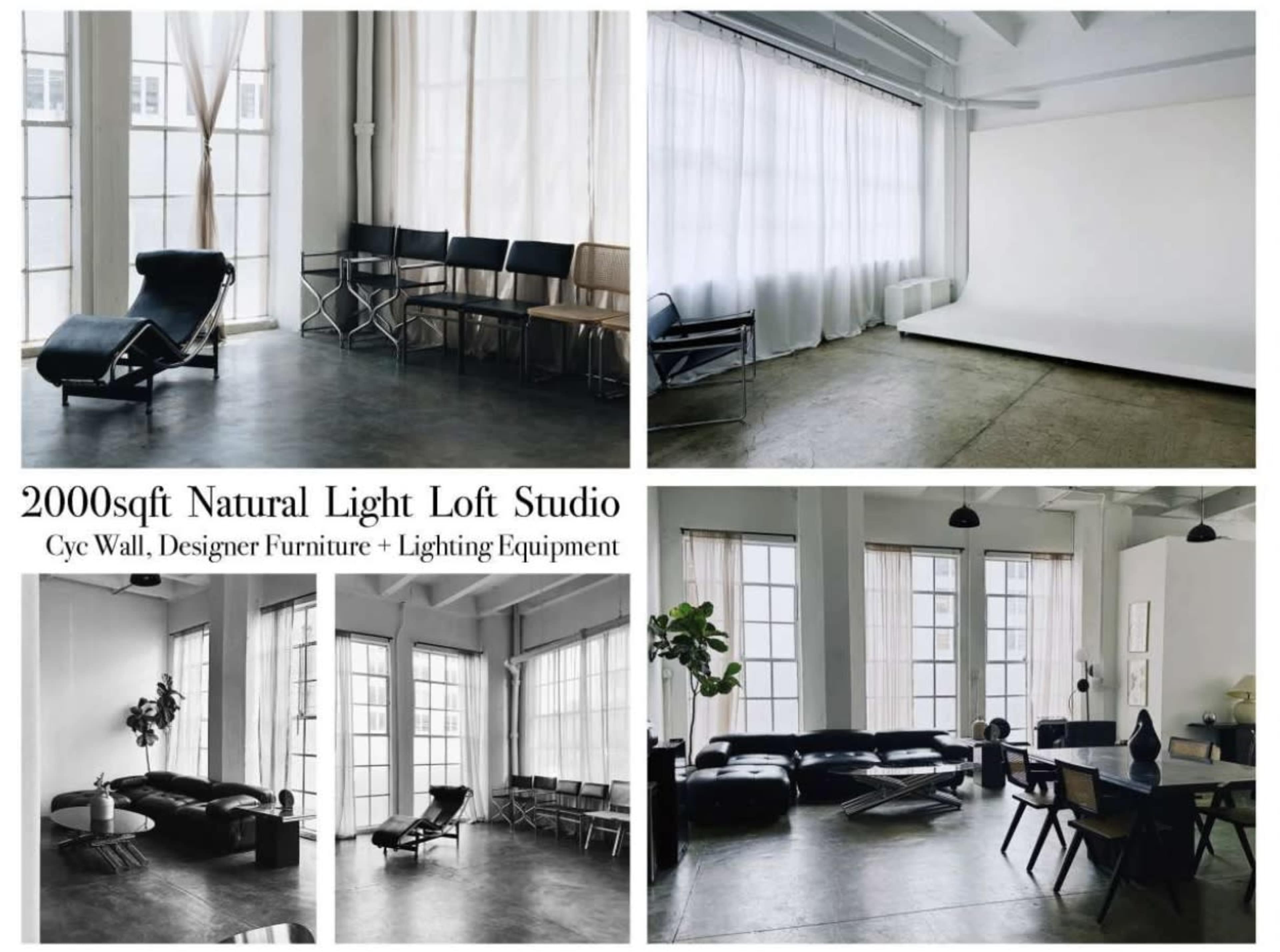 The image shows a spacious 2000 square foot loft studio with natural light, featuring a cyc wall, designer furniture, and lighting equipment, arranged in a minimalistic style.
