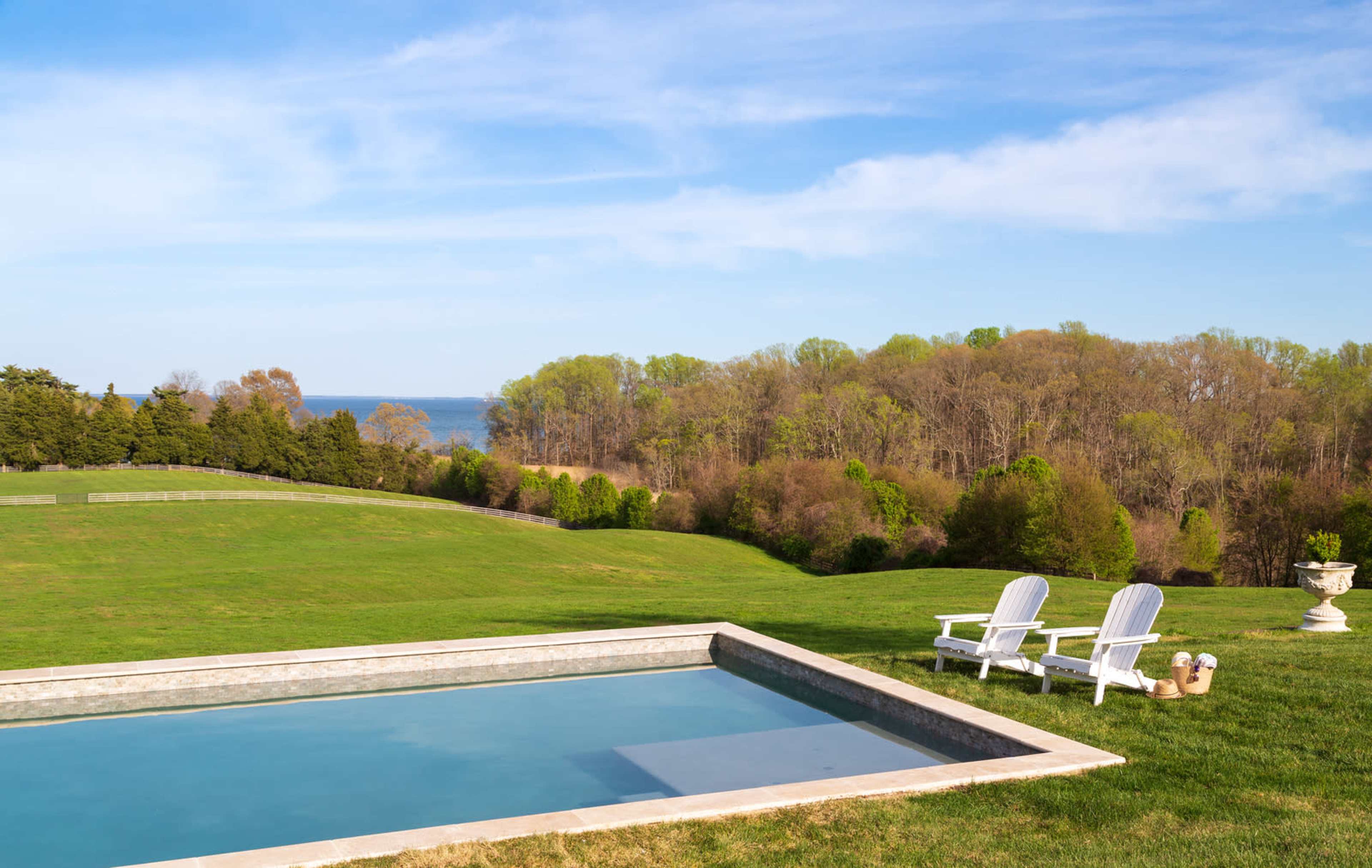 A rectangular swimming pool is situated on a grassy lawn, overlooking a view of trees and a body of water in the distance.