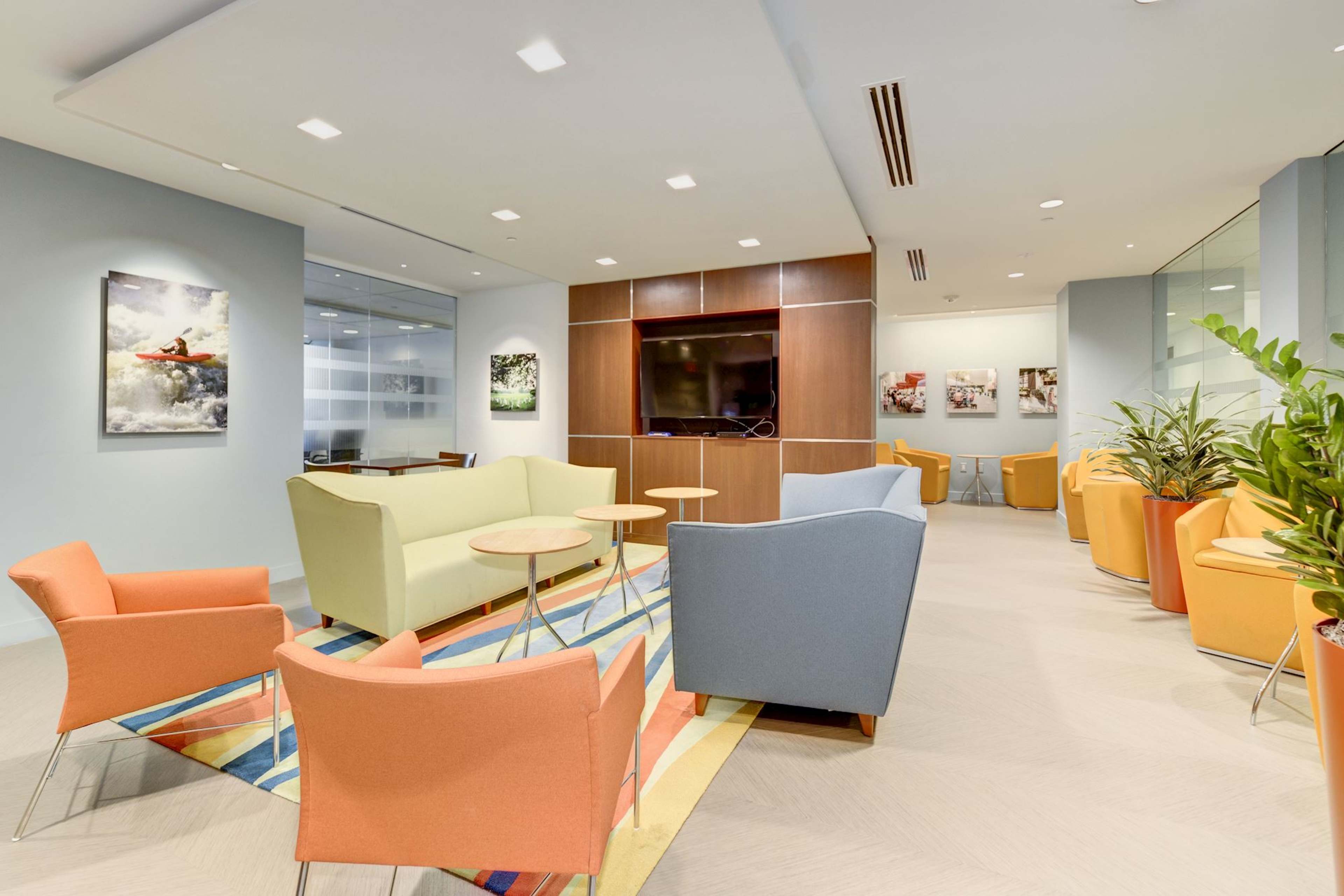 A modern lounge area with colorful seating, a television mounted on a wooden wall, and large potted plants.