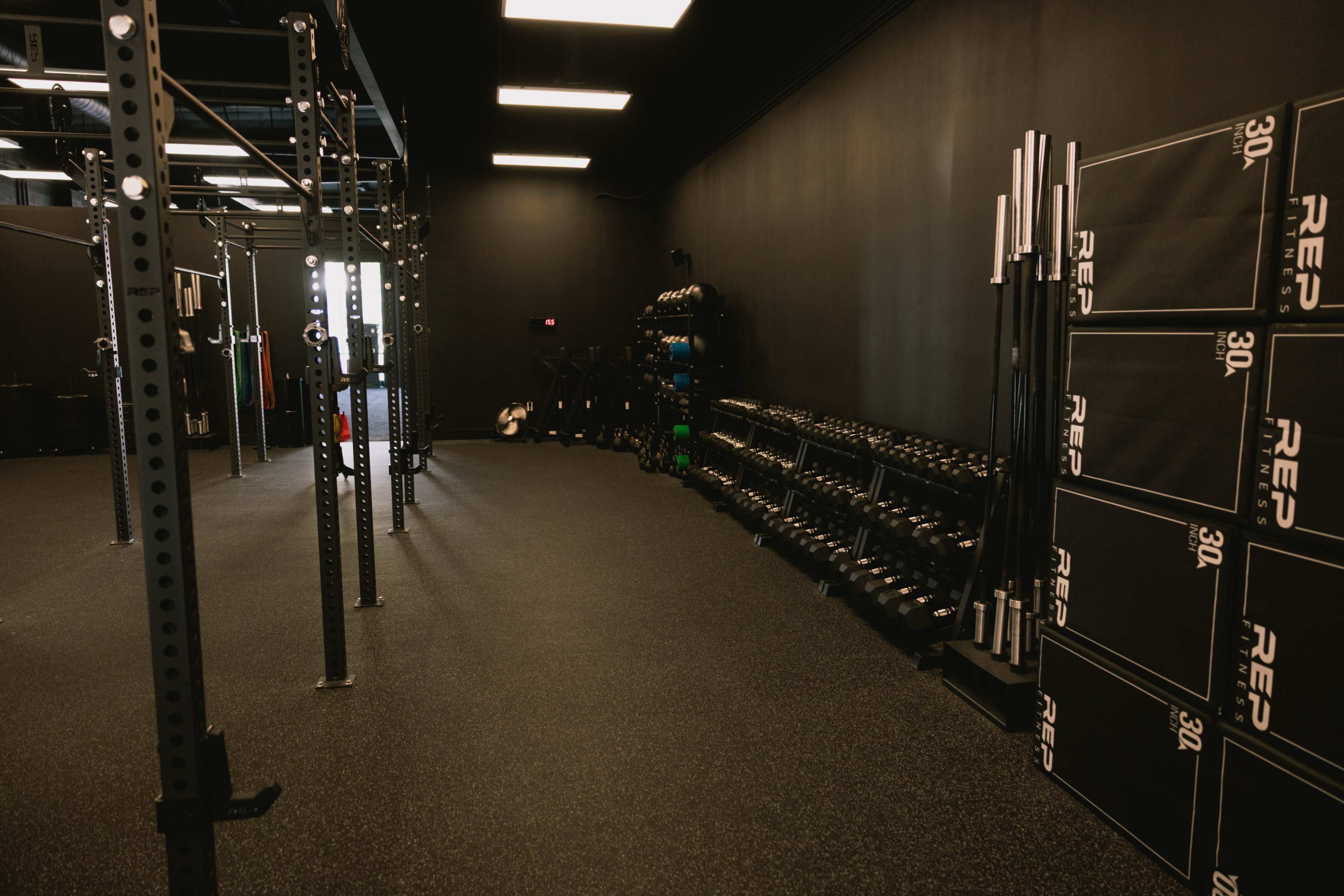 The image shows a gym interior with black walls, weight racks lined with dumbbells, and a functional training area featuring a pull-up rig and various exercise equipment.