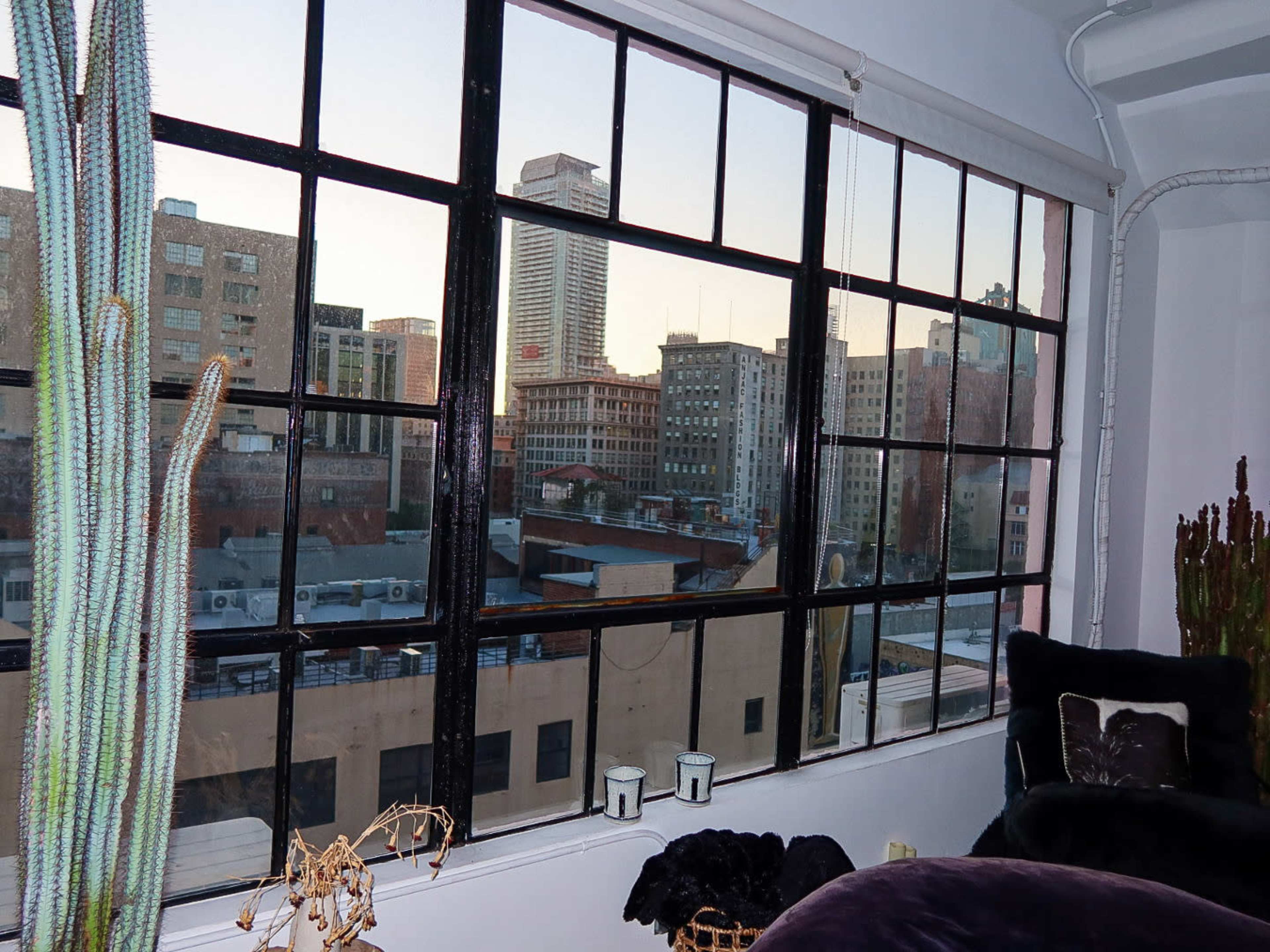 The image shows a large window with a grid design, framing a view of a city skyline and buildings in the background.