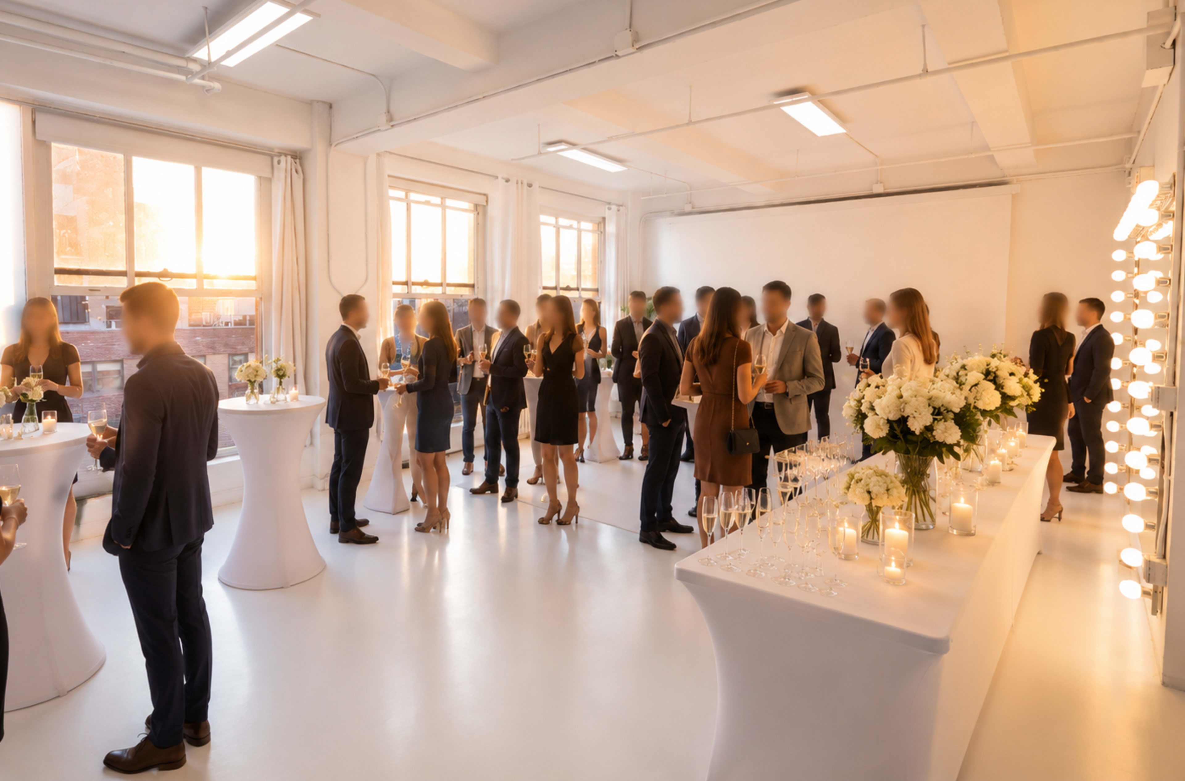 A group of people in formal attire socialize while standing in an elegantly decorated event space with white tables and floral arrangements, as sunlight streams through large windows.
